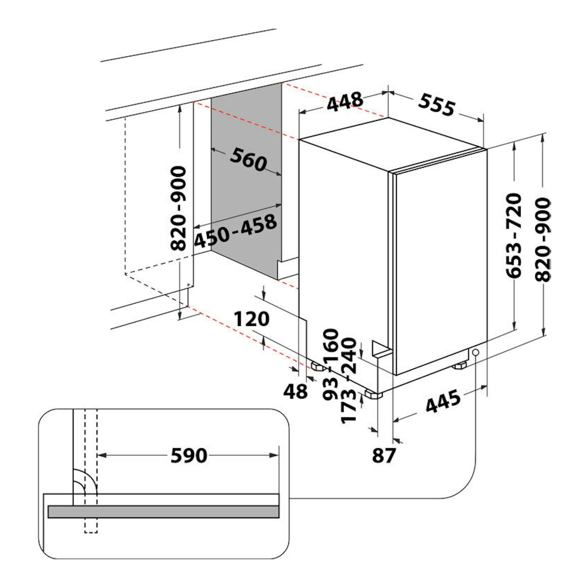 Diagrama técnico del lavavajillas integrable Whirlpool WH6IC11BS7LA0 de 45 cm, vista isométrica, blanco, con medidas.