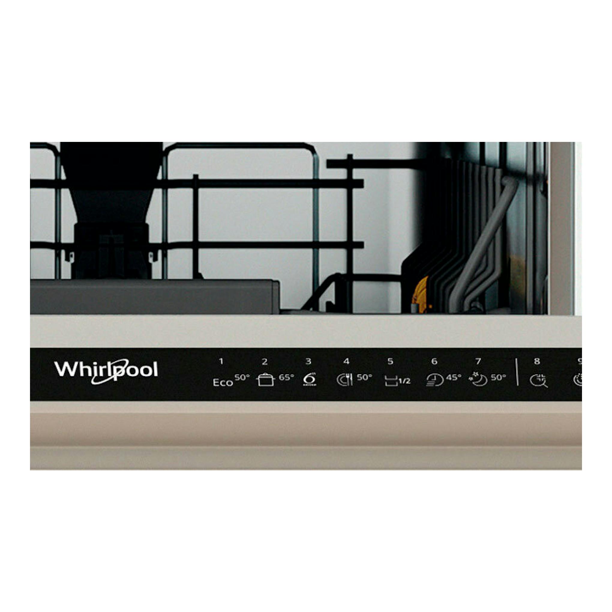 Lavavajillas integrable Whirlpool WH6IC11BS7LA0, vista frontal, panel blanco con franja negra de control.