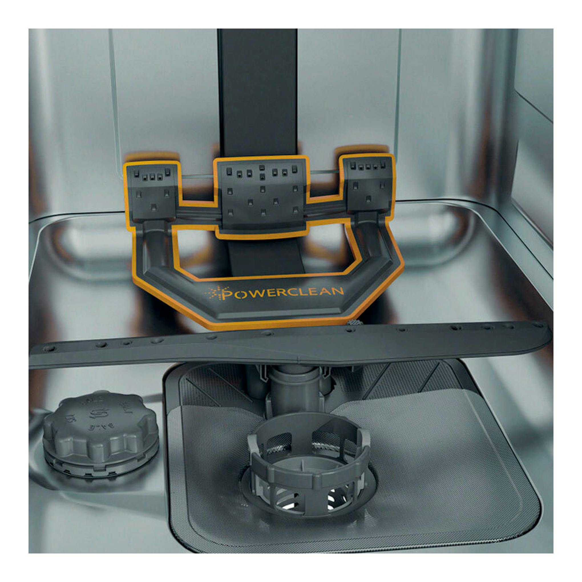 Vista interior de lavavajillas integrable Whirlpool WH6IC11BS7LA0, en acero inoxidable, con sistema PowerClean.