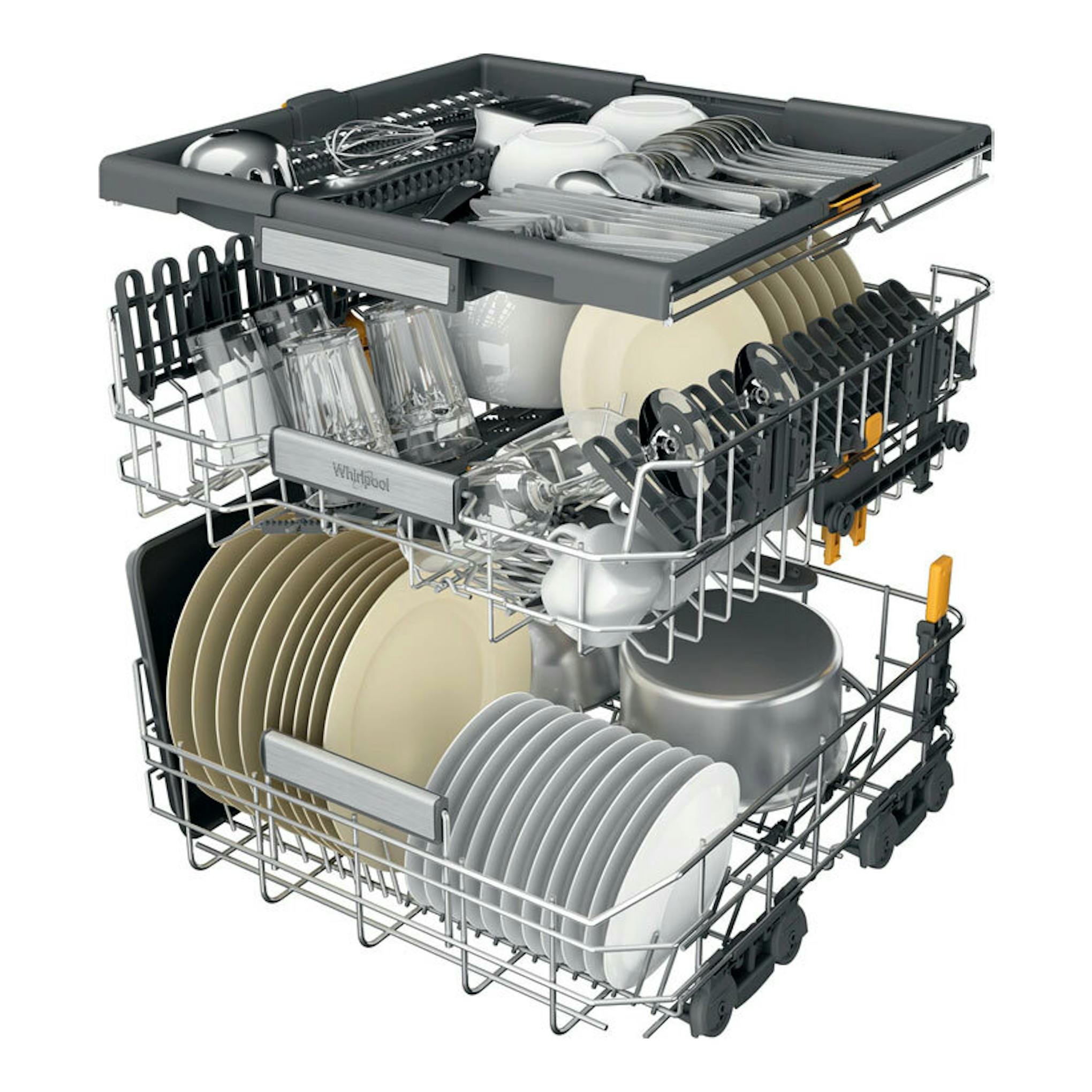 Lavavajillas integrable Whirlpool WH7IA115B2M3TUS0 en vista frontal seccionada, con cestas y vajilla.