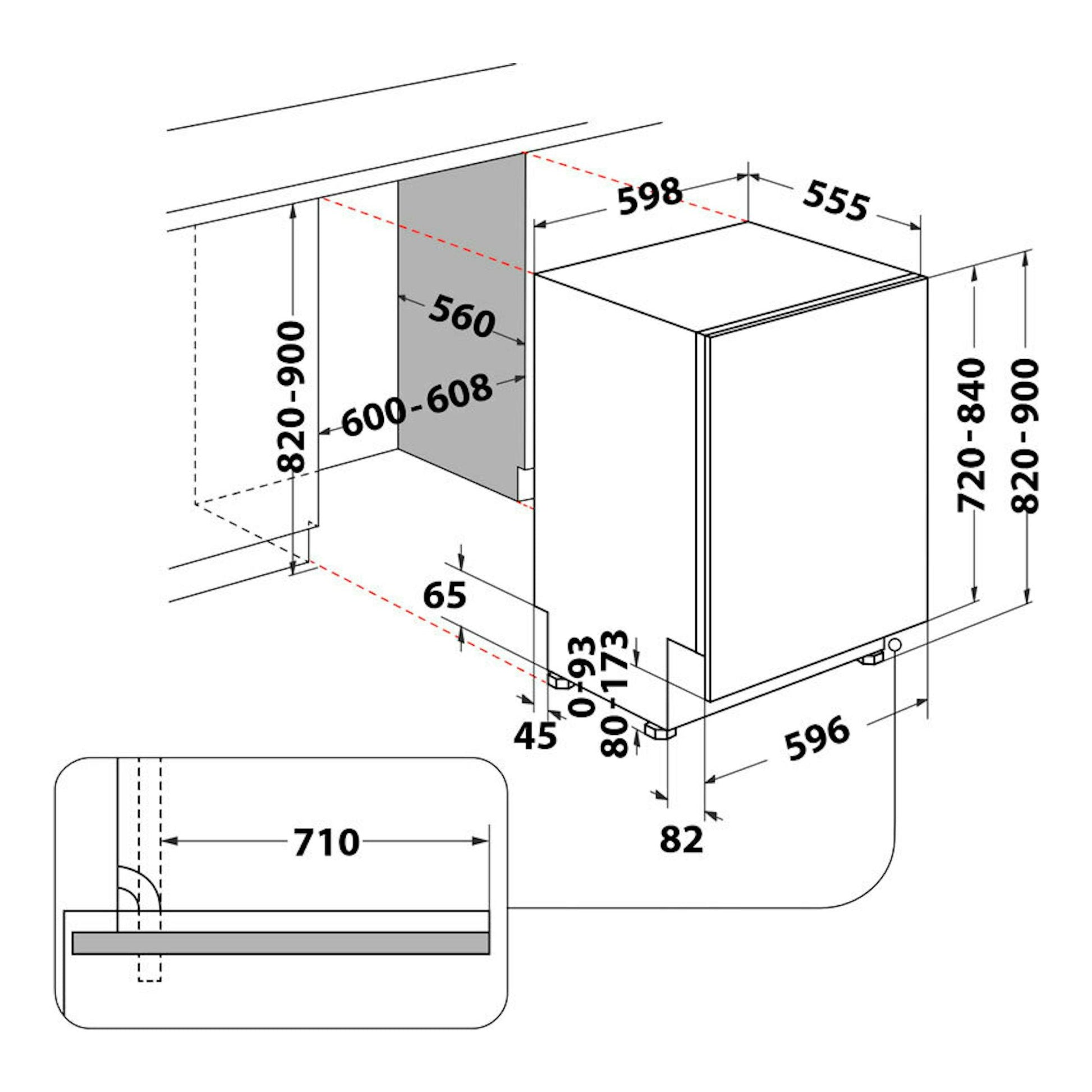 Diagrama técnico de lavavajillas integrable Whirlpool WH7IA115B2M3TUS0, vista isométrica, blanco, con medidas.