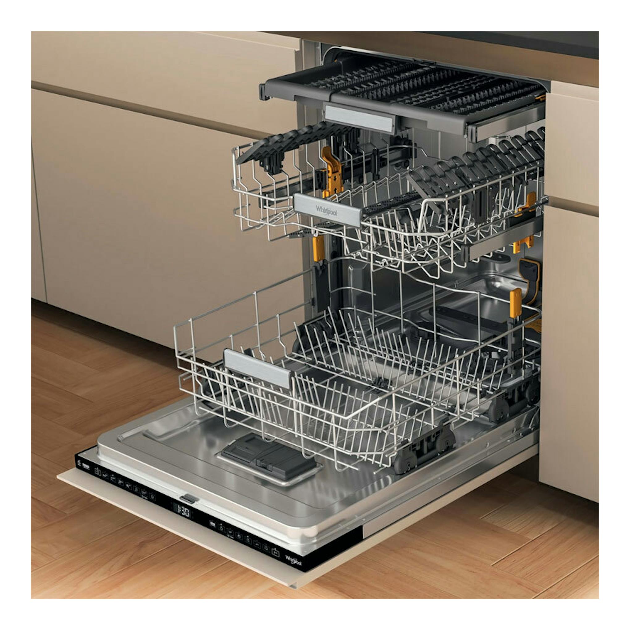 Lavavajillas integrable Whirlpool WH7IA115B2M3TUS0 abierto, con cestas extraídas, vista frontal.
