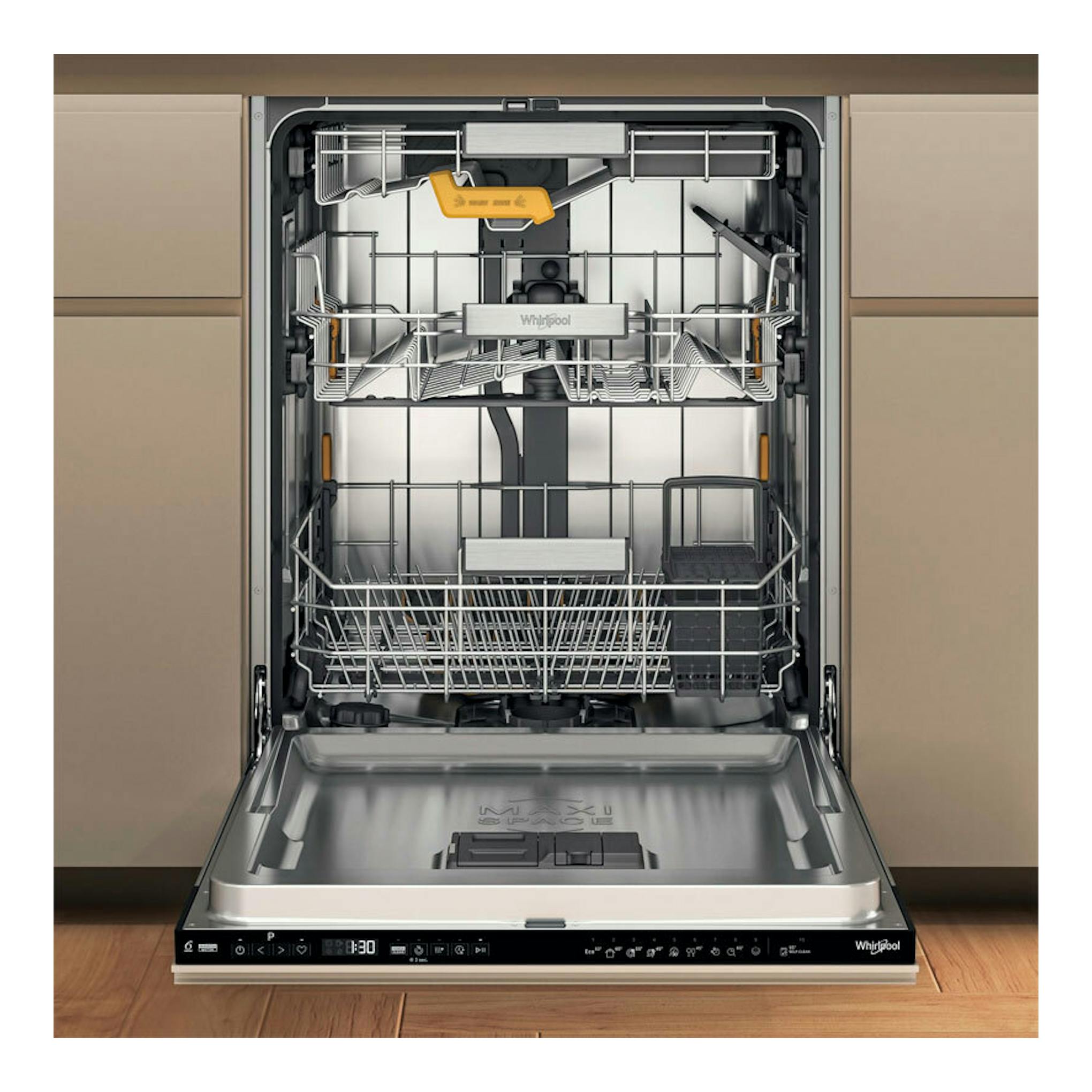 Lavavajillas integrable Whirlpool WH8IA15AM6L0 abierto, interior de acero inoxidable, vista frontal.