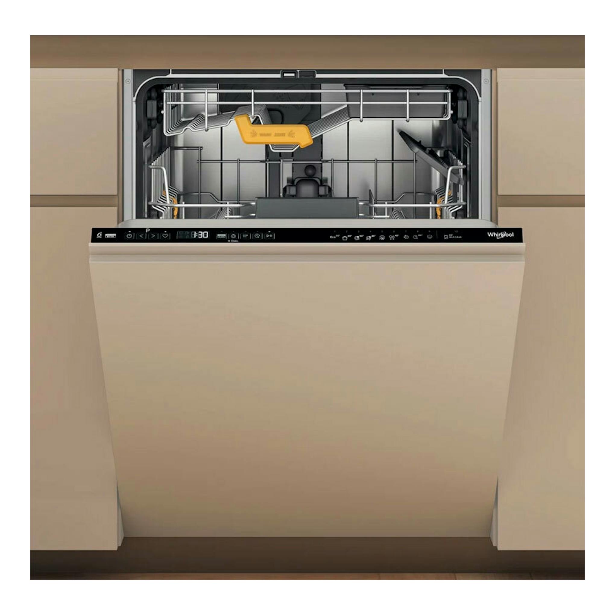 Lavavajillas integrable Whirlpool WH8IPB14AM6L0, vista frontal con la puerta abierta y cestas interiores visibles.