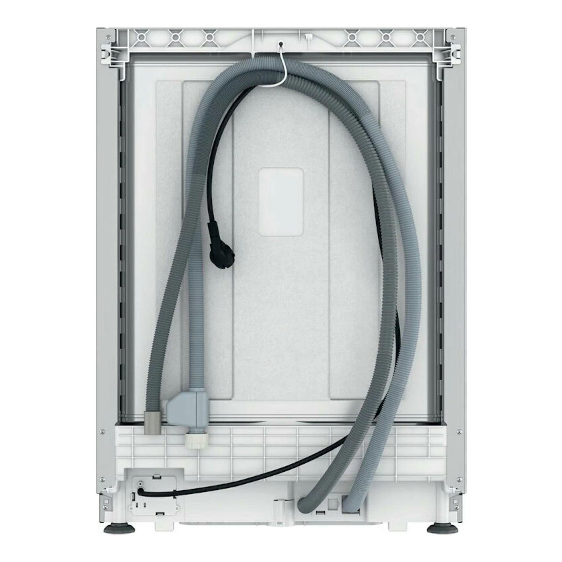 Lavavajillas integrable Whirlpool WH8IPB14AM6L0, vista trasera, gris, con mangueras visibles.