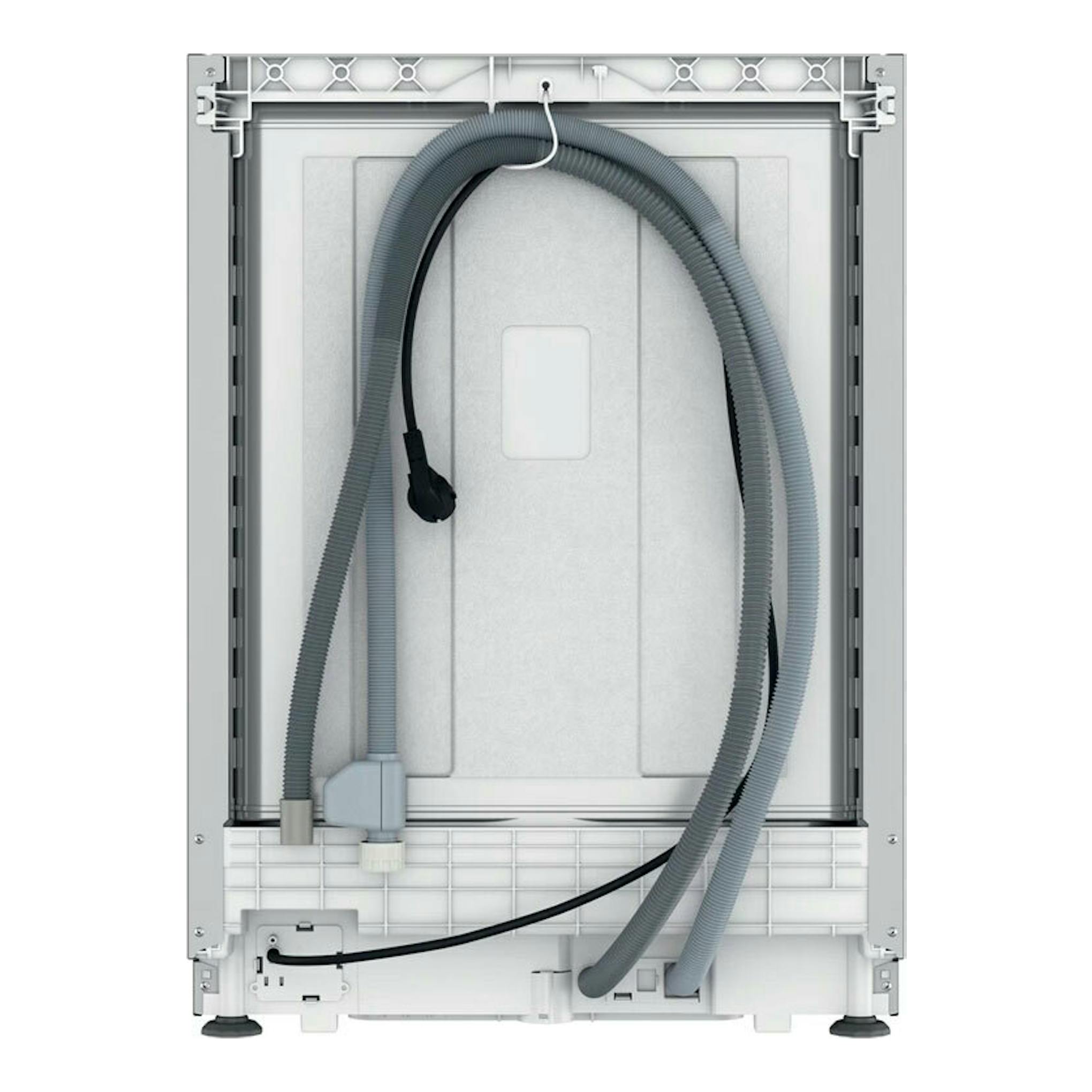 Lavavajillas integrable Whirlpool WH8IPB14AM6L0, vista trasera, gris, con mangueras visibles.