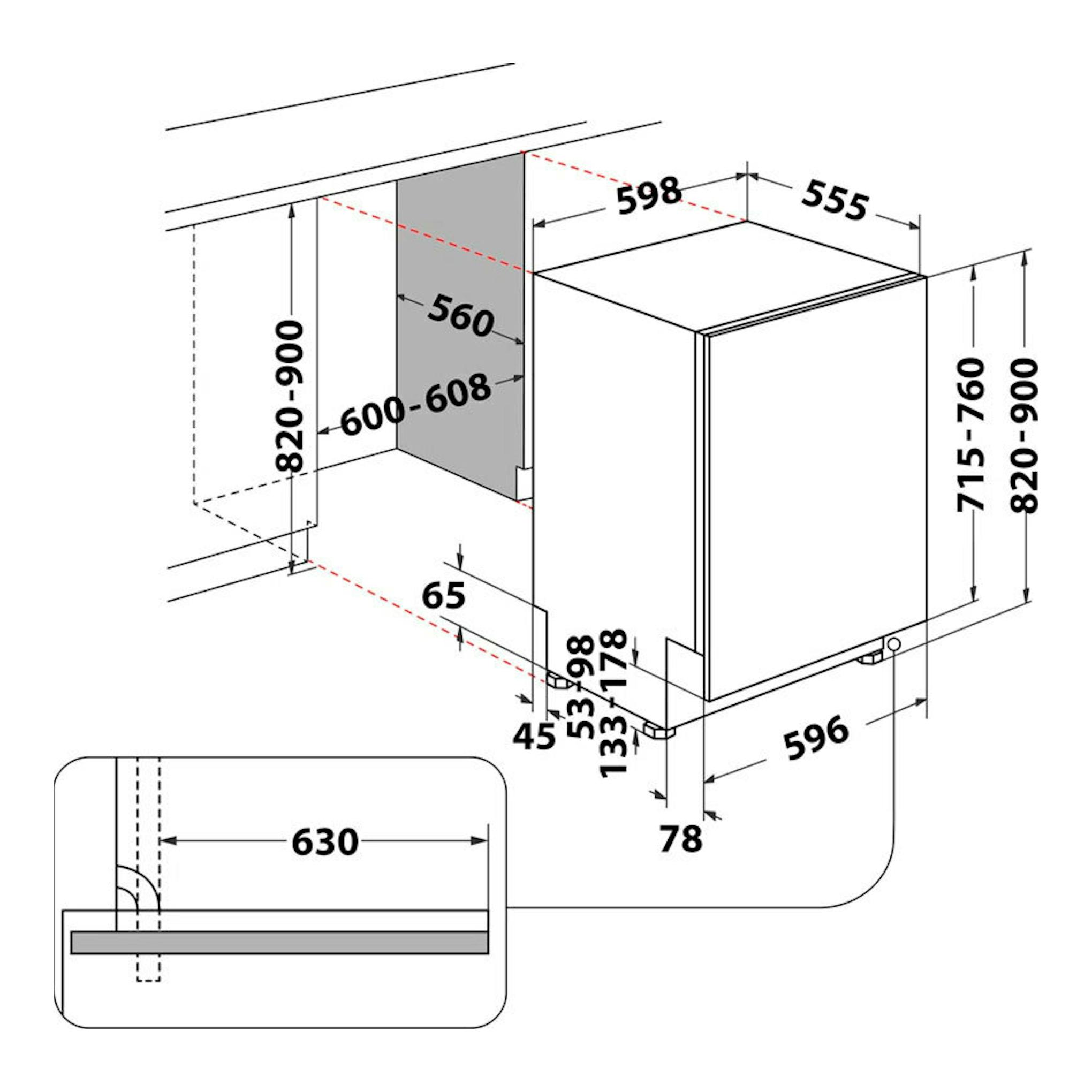 Diagrama técnico de lavavajillas integrable Whirlpool WH8IPB14AM6L0 de 60 cm, vista frontal y lateral con medidas.
