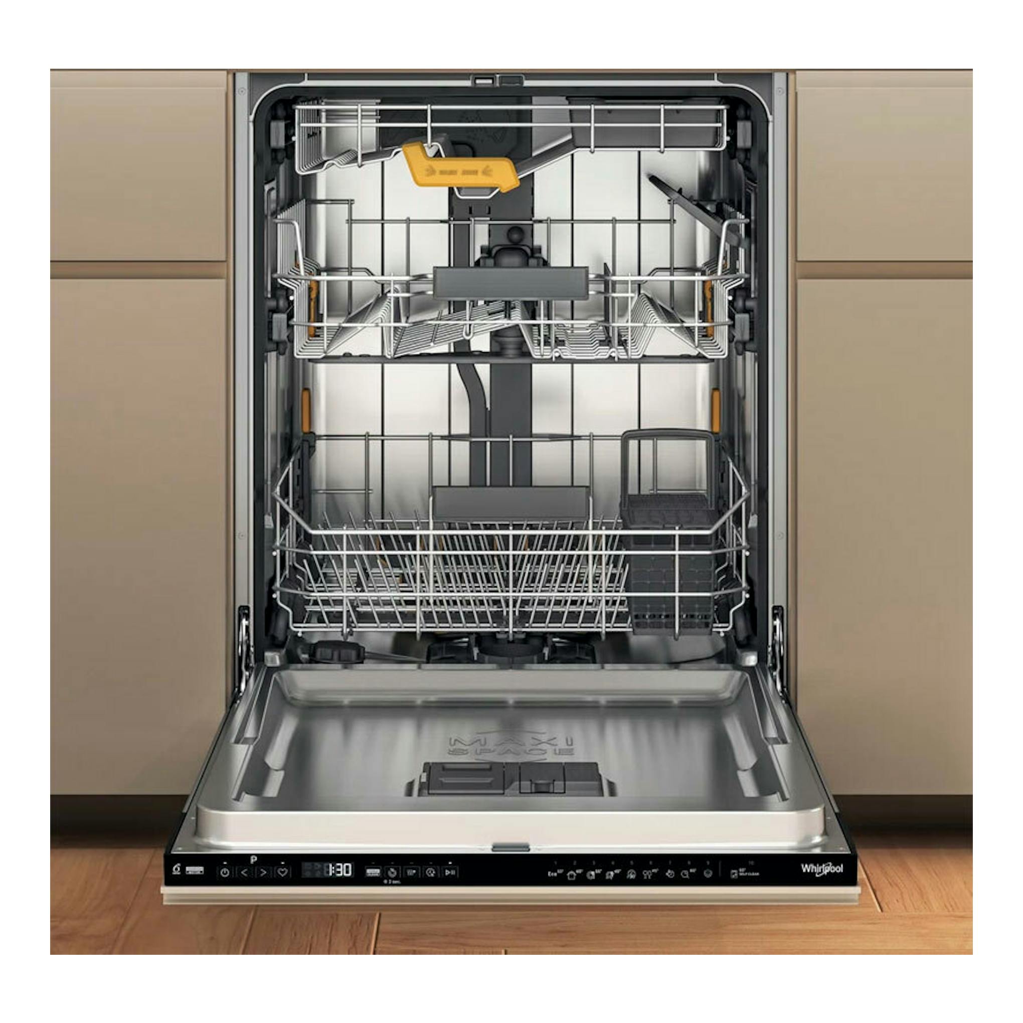 Lavavajillas integrable Whirlpool WH8IPB14AM6L0 abierto, vista frontal, interior metálico y panel negro.