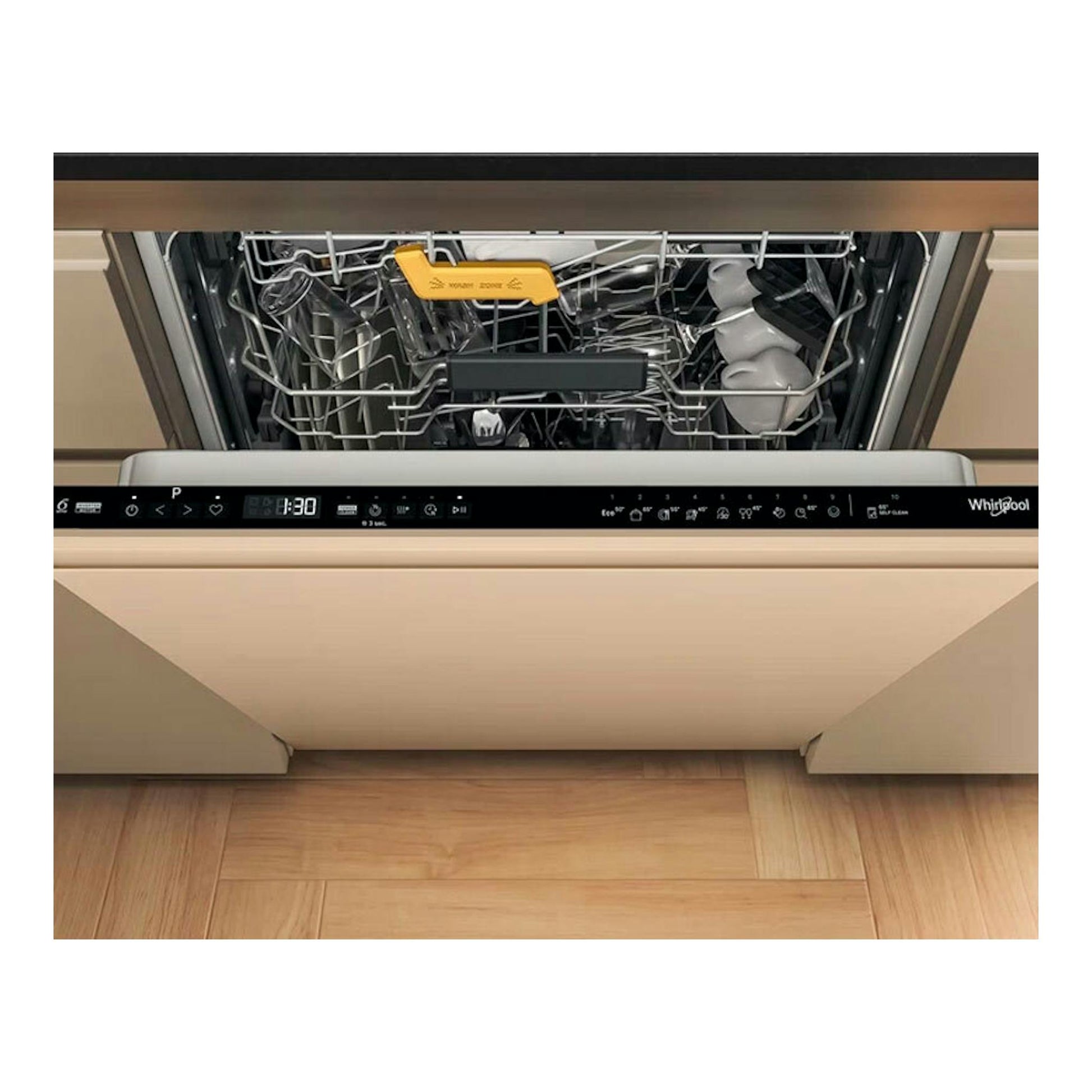Lavavajillas integrable Whirlpool WH8IPB14AM6L0 abierto, con panel negro y cesta interior, vista frontal.