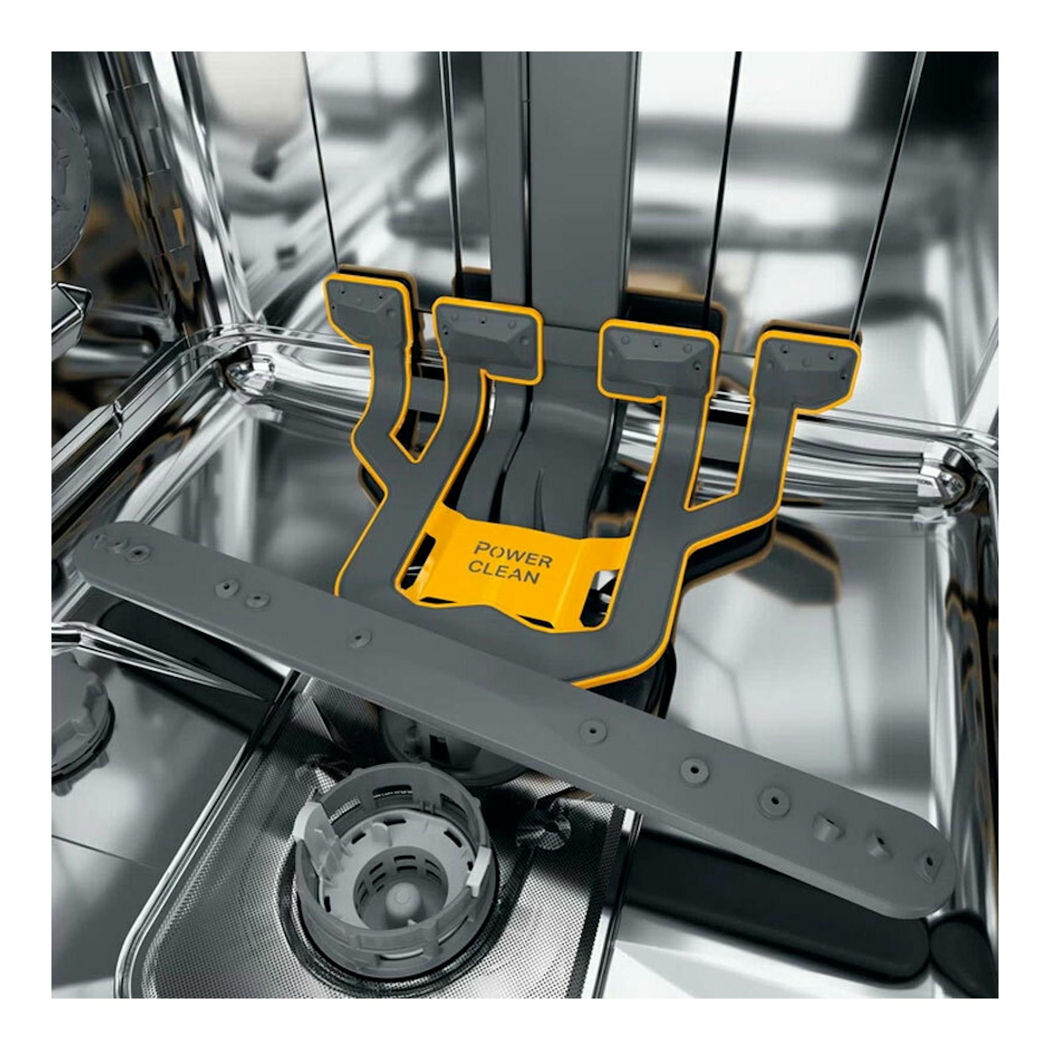 Interior de lavavajillas Whirlpool WH8IPB14AM6L0 en acero inoxidable, con brazo rociador PowerClean.