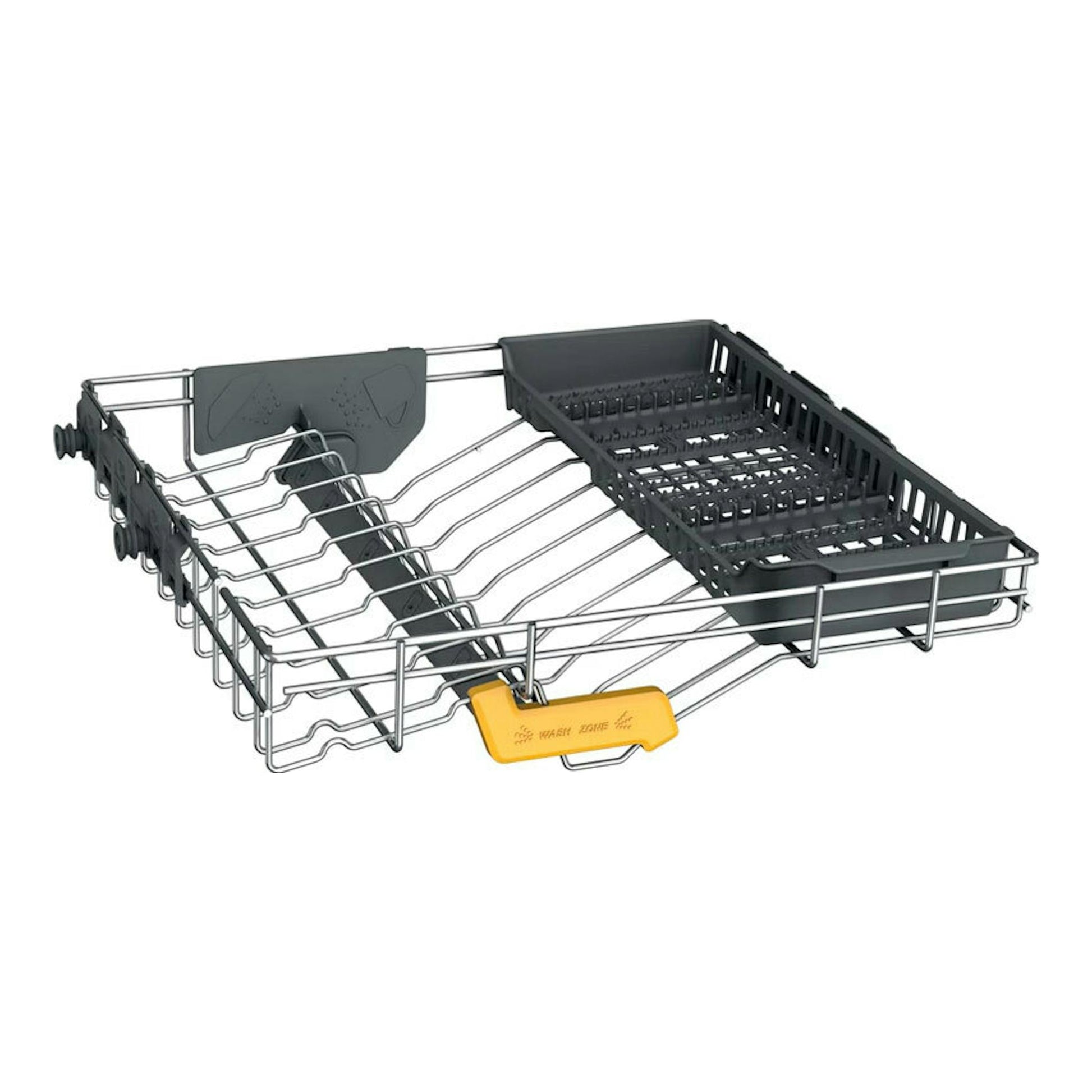 Cesta inferior de lavavajillas Whirlpool WH8IPB14AM6L0, vista en perspectiva, gris con soporte amarillo.