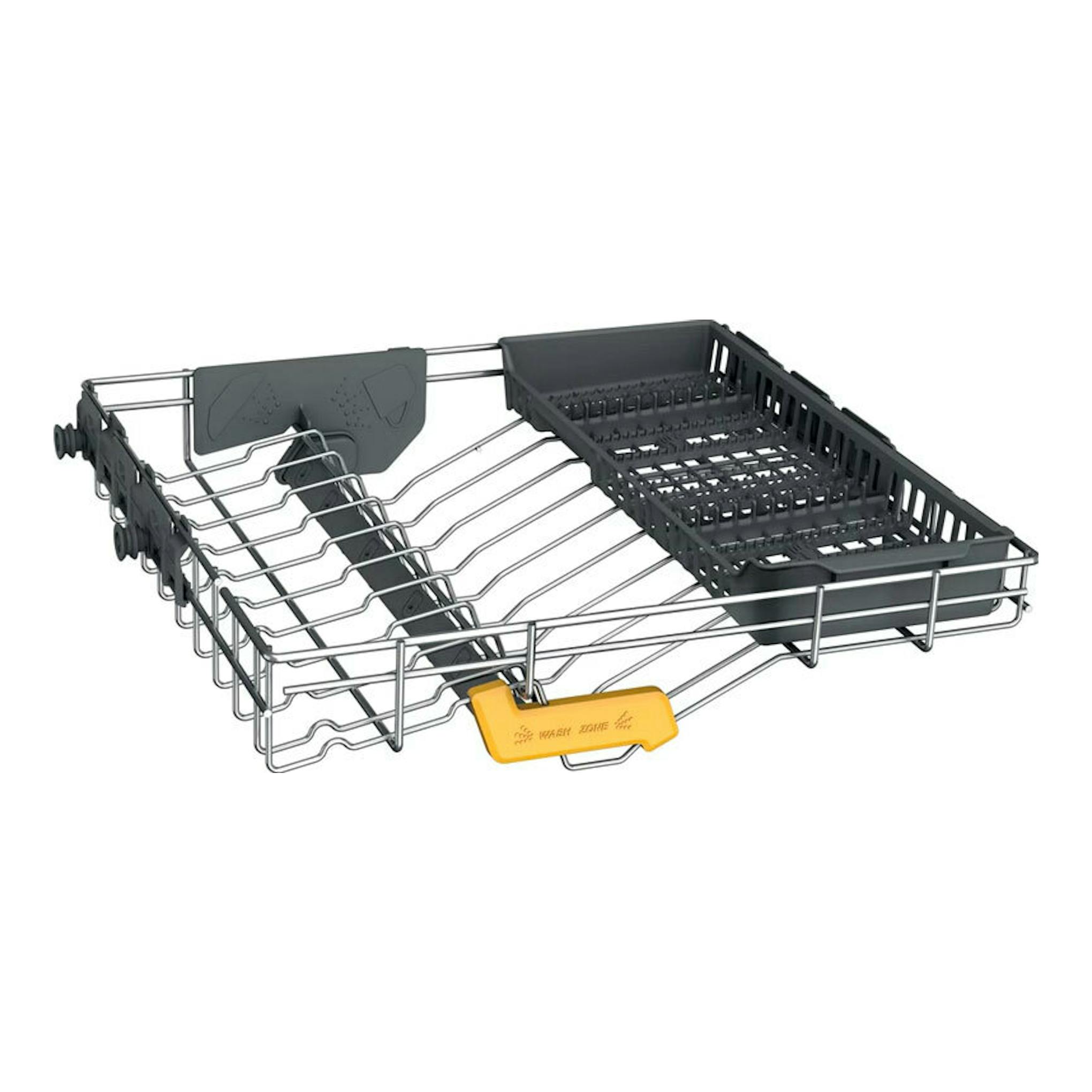 Cesta inferior de lavavajillas Whirlpool WH8IPB14AM6L0, vista en perspectiva, gris con soporte amarillo.