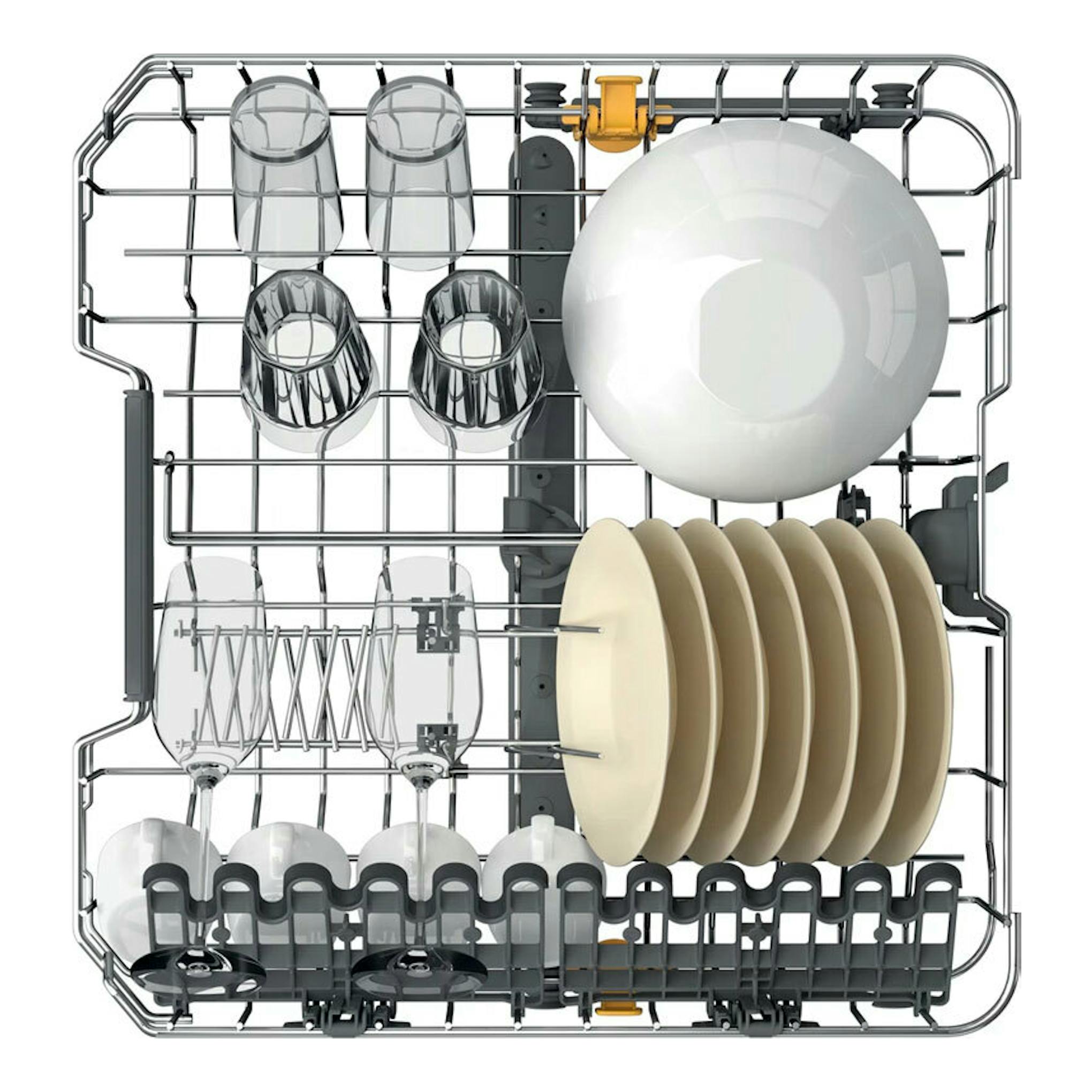 Lavavajillas Whirlpool WH8IPB14AM6L0, cesta interior con vasos, copas, platos y cuencos, vista superior.