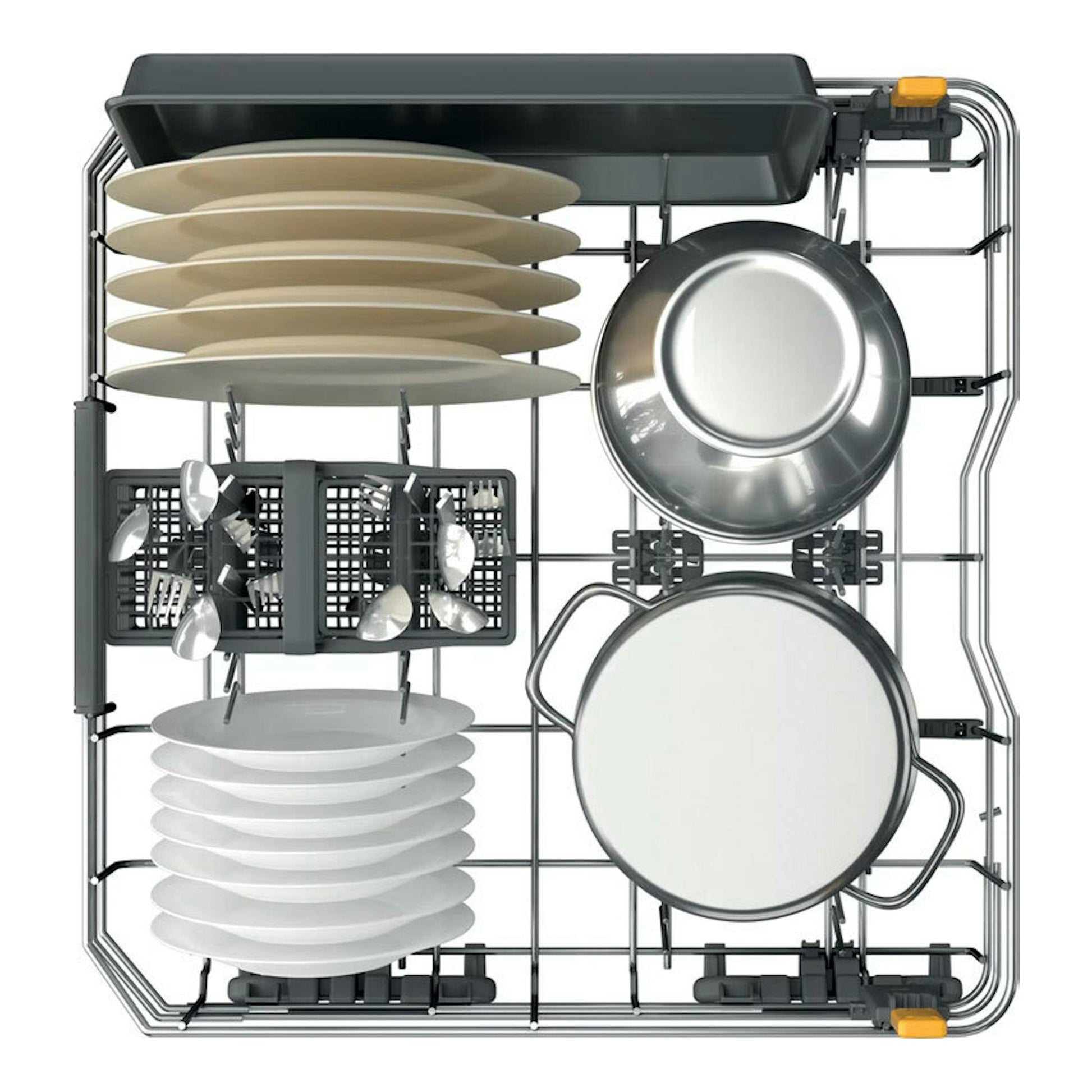 Lavavajillas integrable Whirlpool WH8IPB14AM6L0, vista superior del cesto con platos, vasos y ollas.