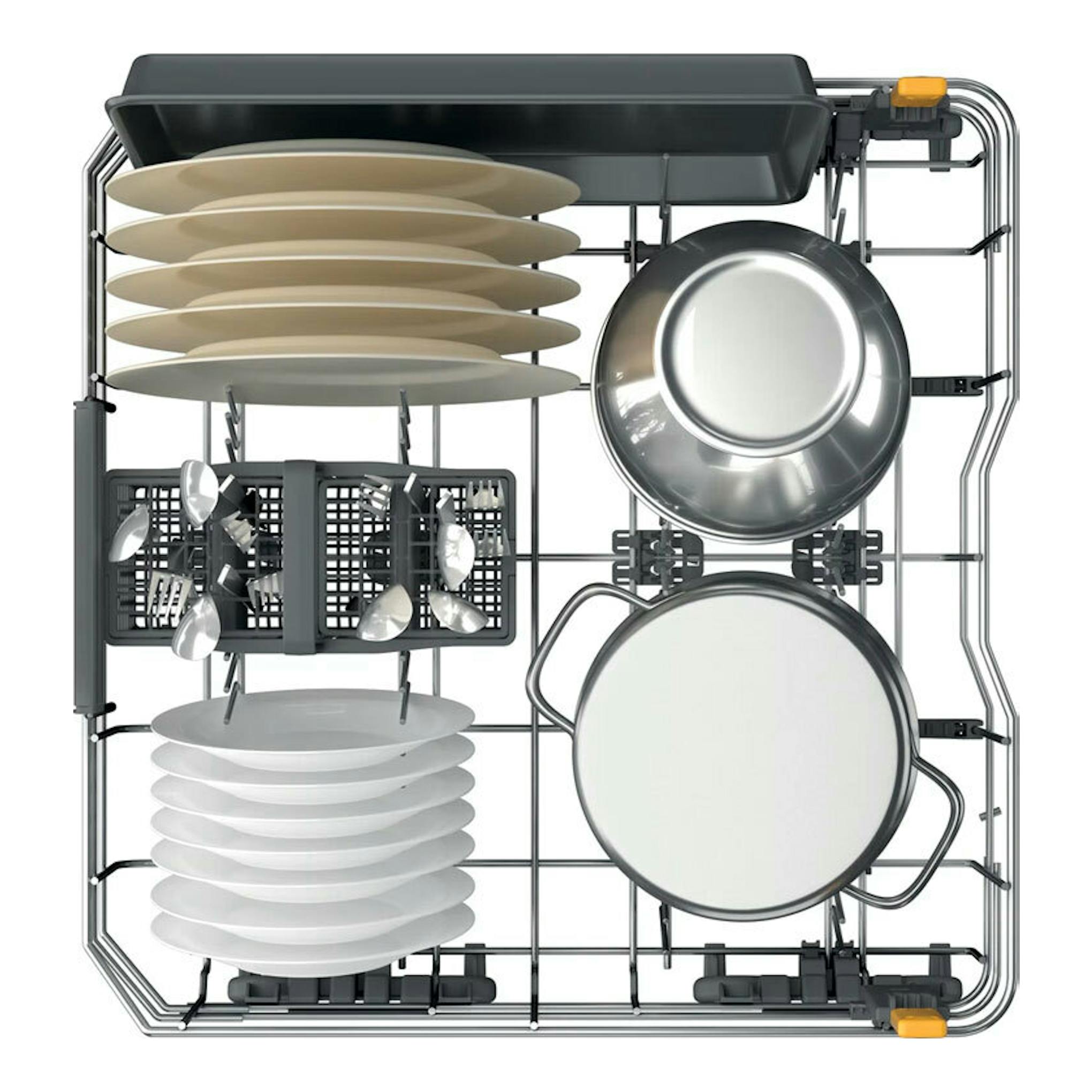Lavavajillas integrable Whirlpool WH8IPB14AM6L0, vista superior del cesto con platos, vasos y ollas.