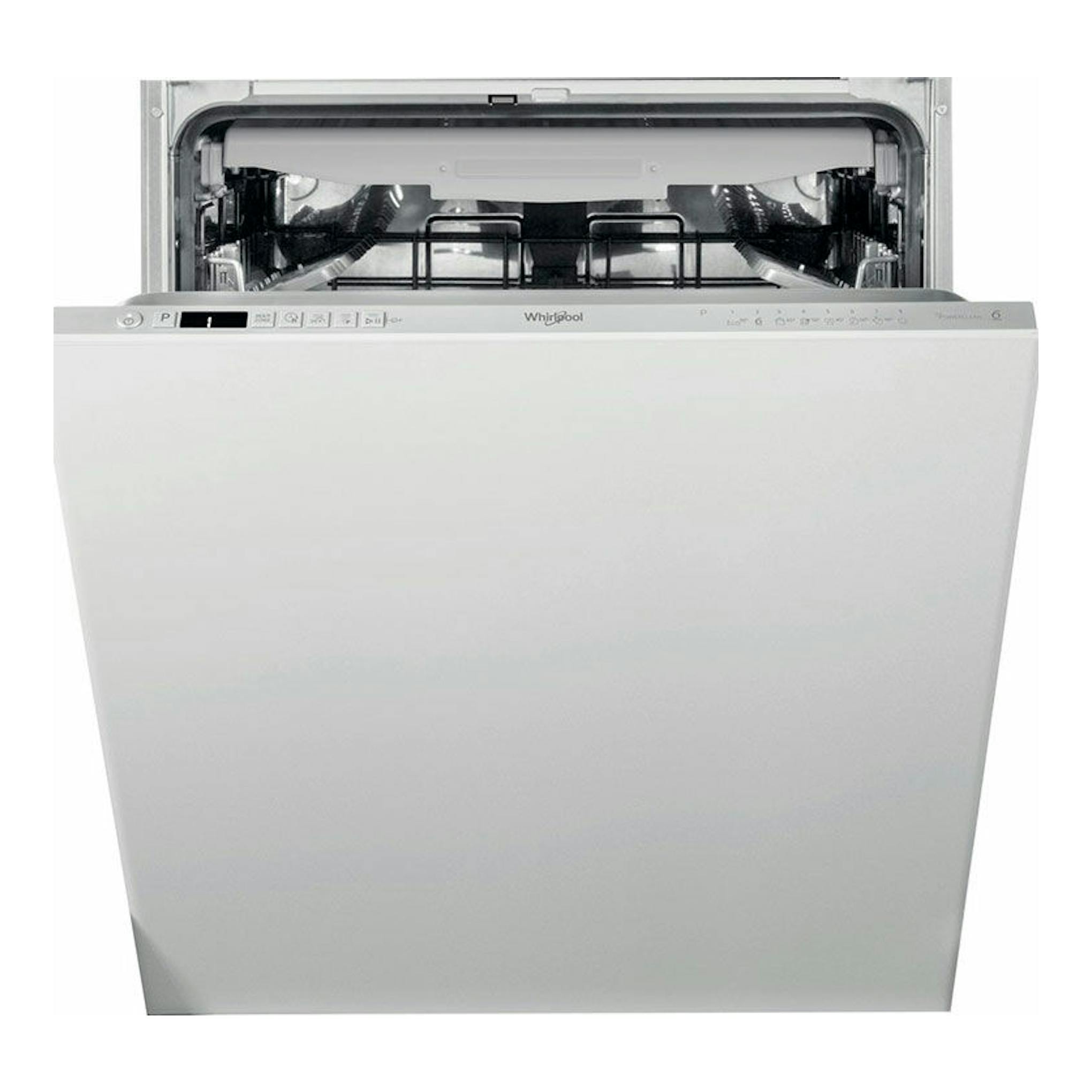 Lavavajillas integrable Whirlpool WI7020PF blanco, visto de frente y con la puerta abierta.