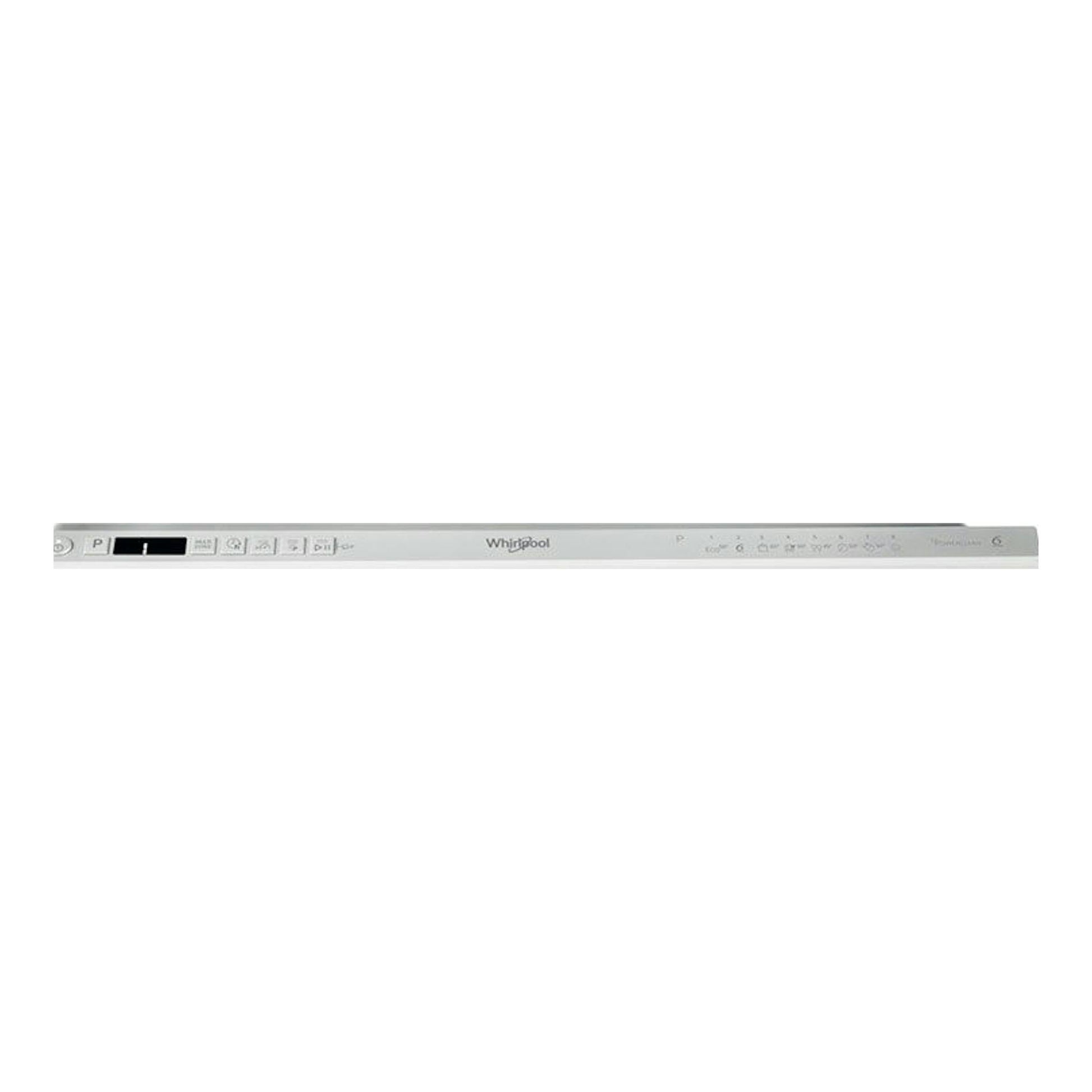 Panel superior de lavavajillas integrable Whirlpool WI7020PF, acabado blanco y gris, vista frontal.