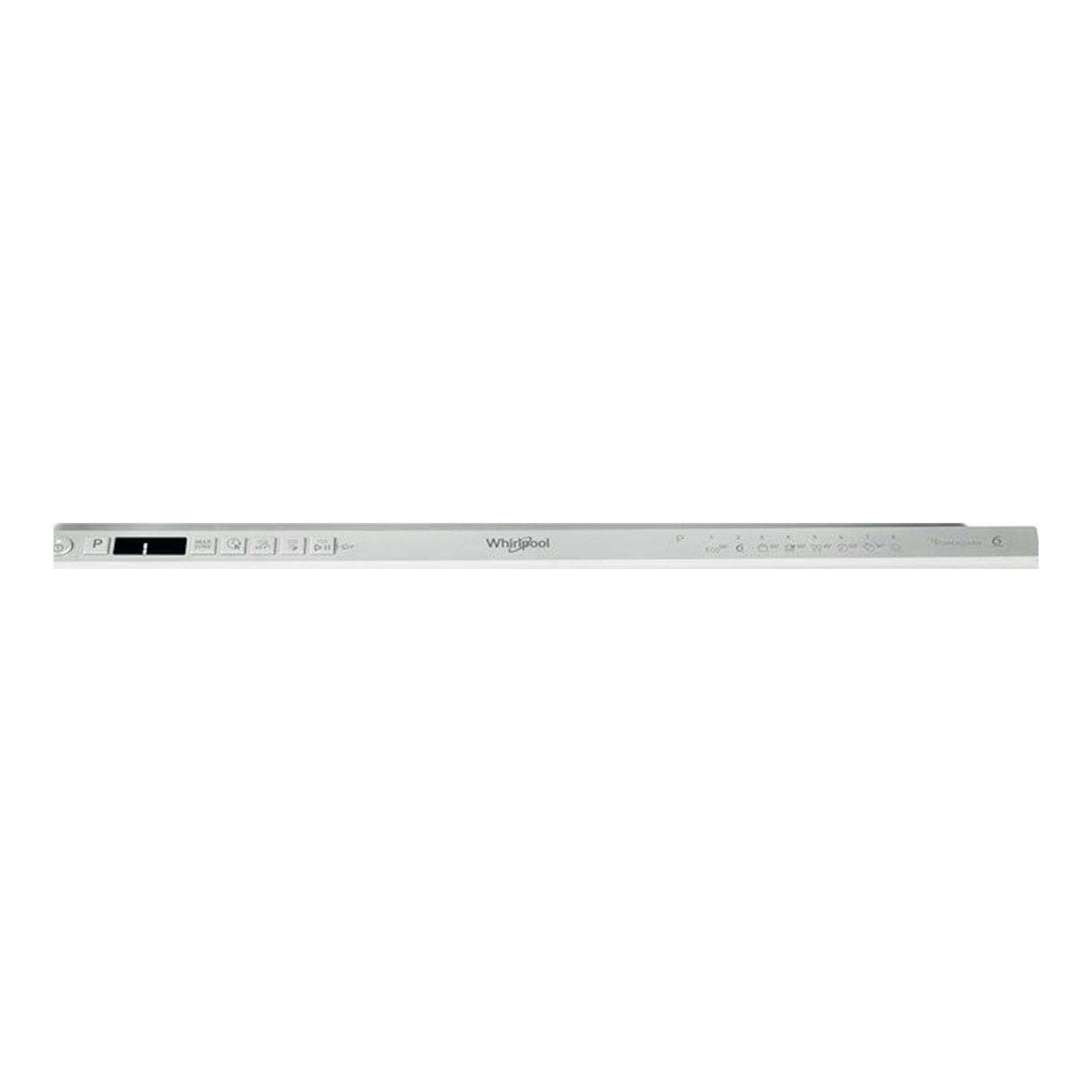 Panel superior de lavavajillas integrable Whirlpool WI7020PF, acabado blanco y gris, vista frontal.