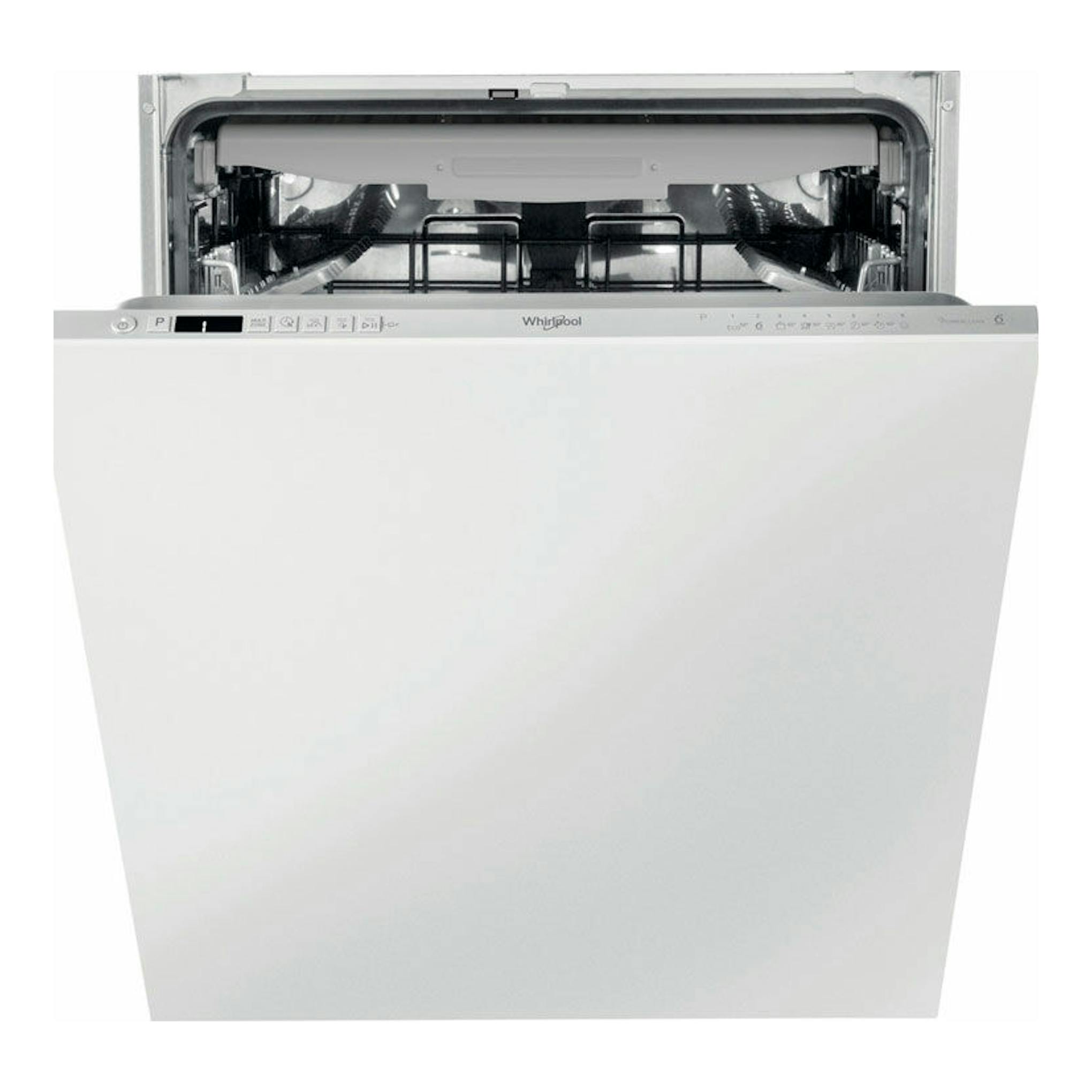 Lavavajillas integrable Whirlpool WIC3C34PFES, vista frontal, puerta blanca abierta e interior de acero.