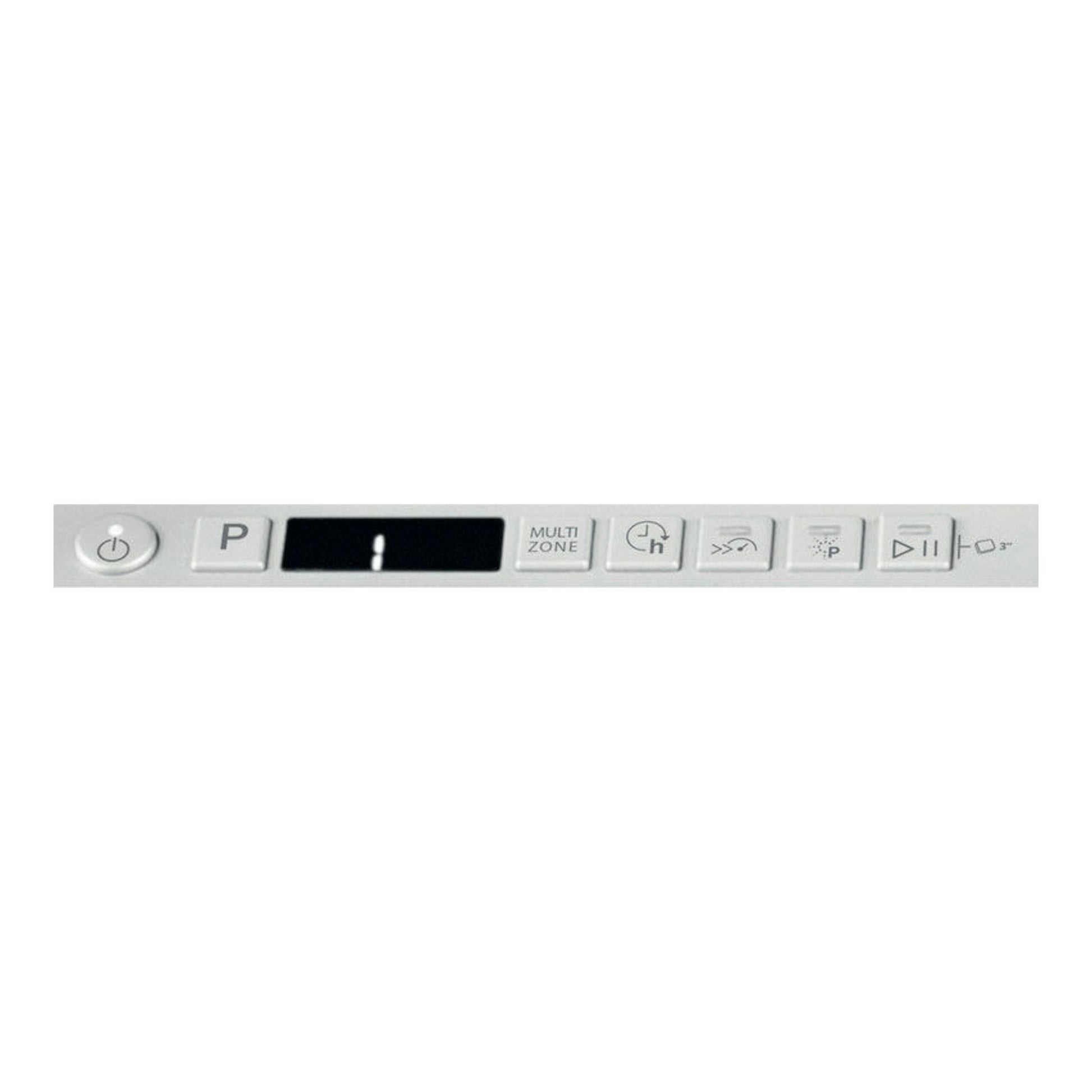 Primer plano del panel de control frontal de un lavavajillas integrable Whirlpool WIC3C34PFES, blanco.
