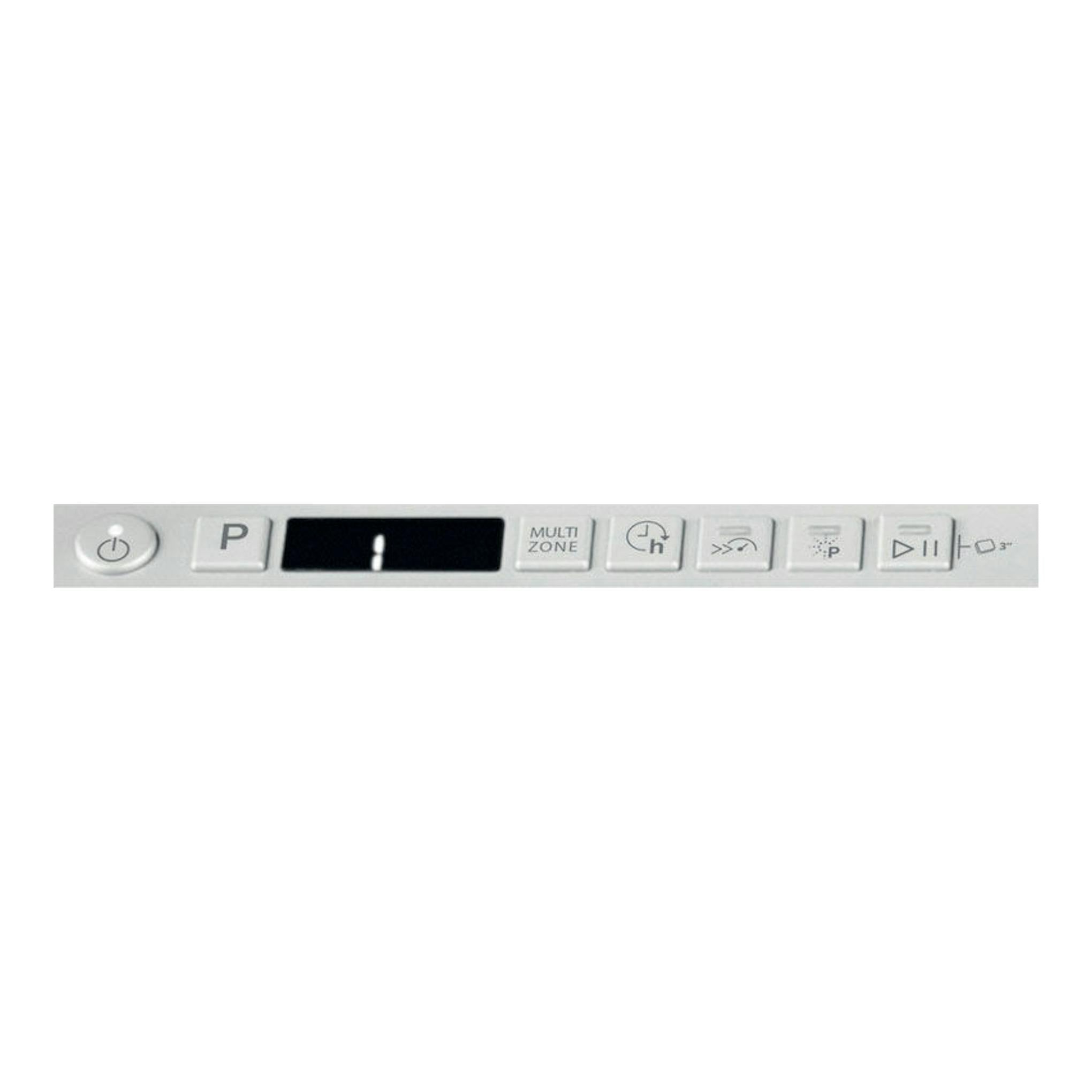 Primer plano del panel de control frontal de un lavavajillas integrable Whirlpool WIC3C34PFES, blanco.