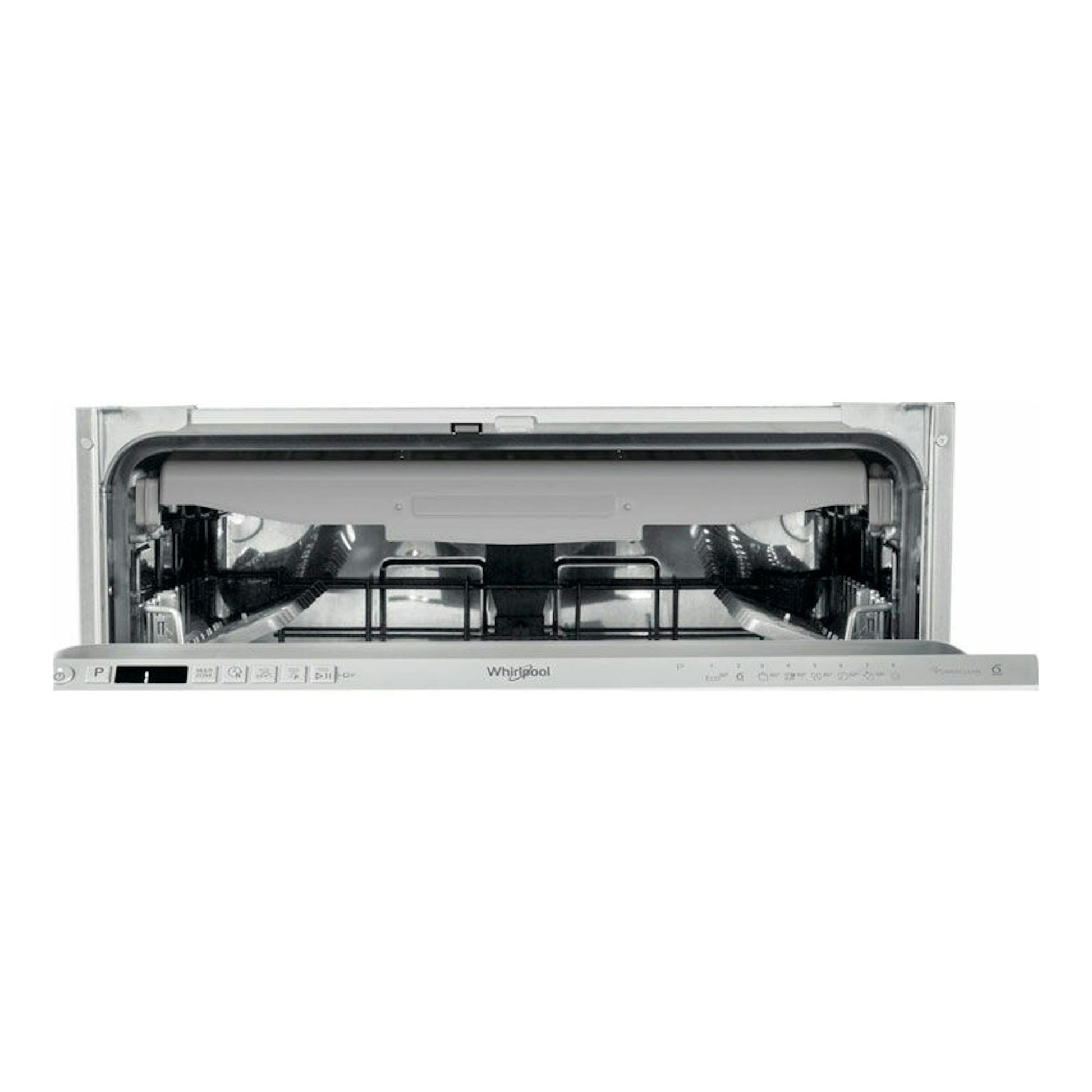 Lavavajillas integrable Whirlpool WIC3C34PFES, vista frontal con la puerta abierta, blanco y acero.