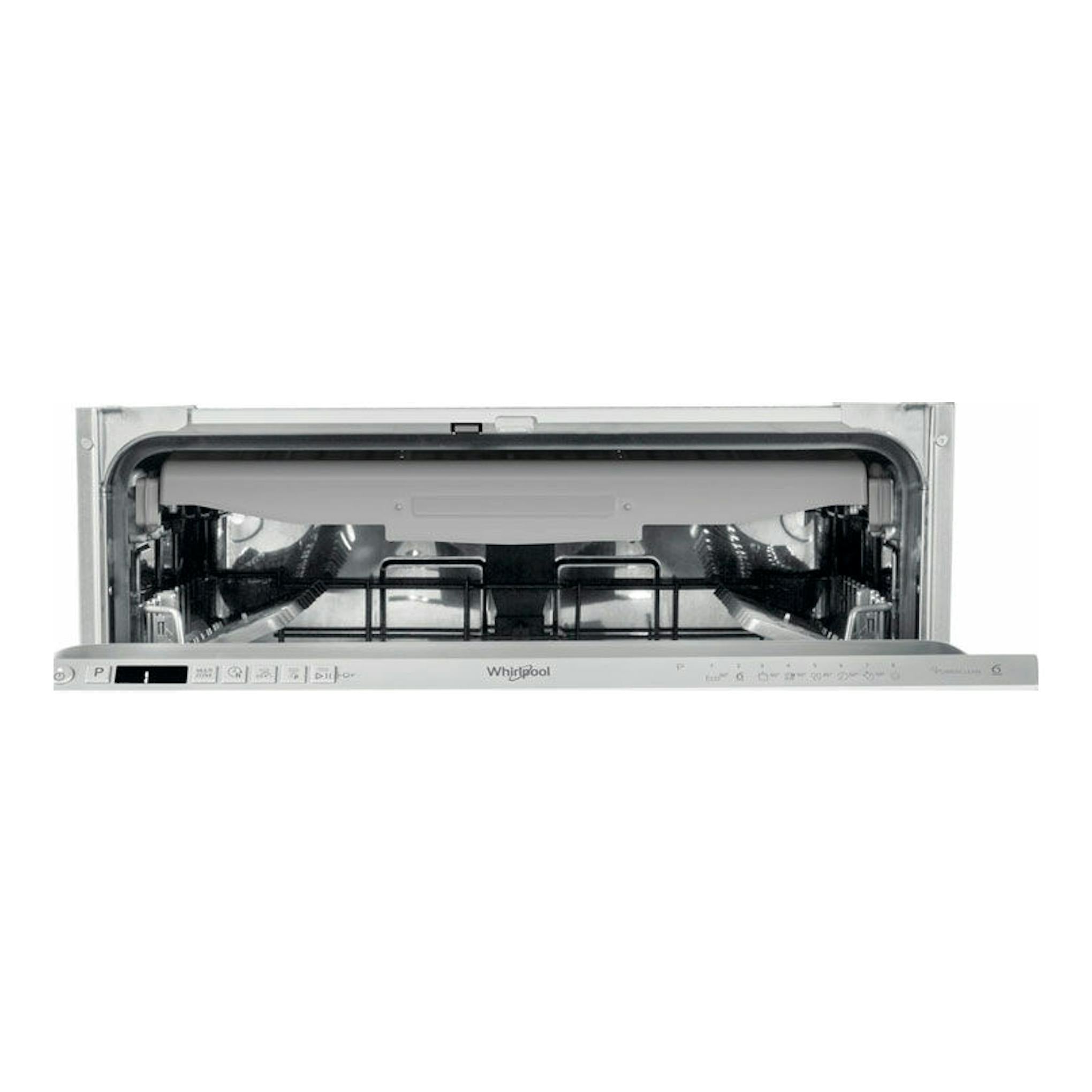 Lavavajillas integrable Whirlpool WIC3C34PFES, vista frontal con la puerta abierta, blanco y acero.