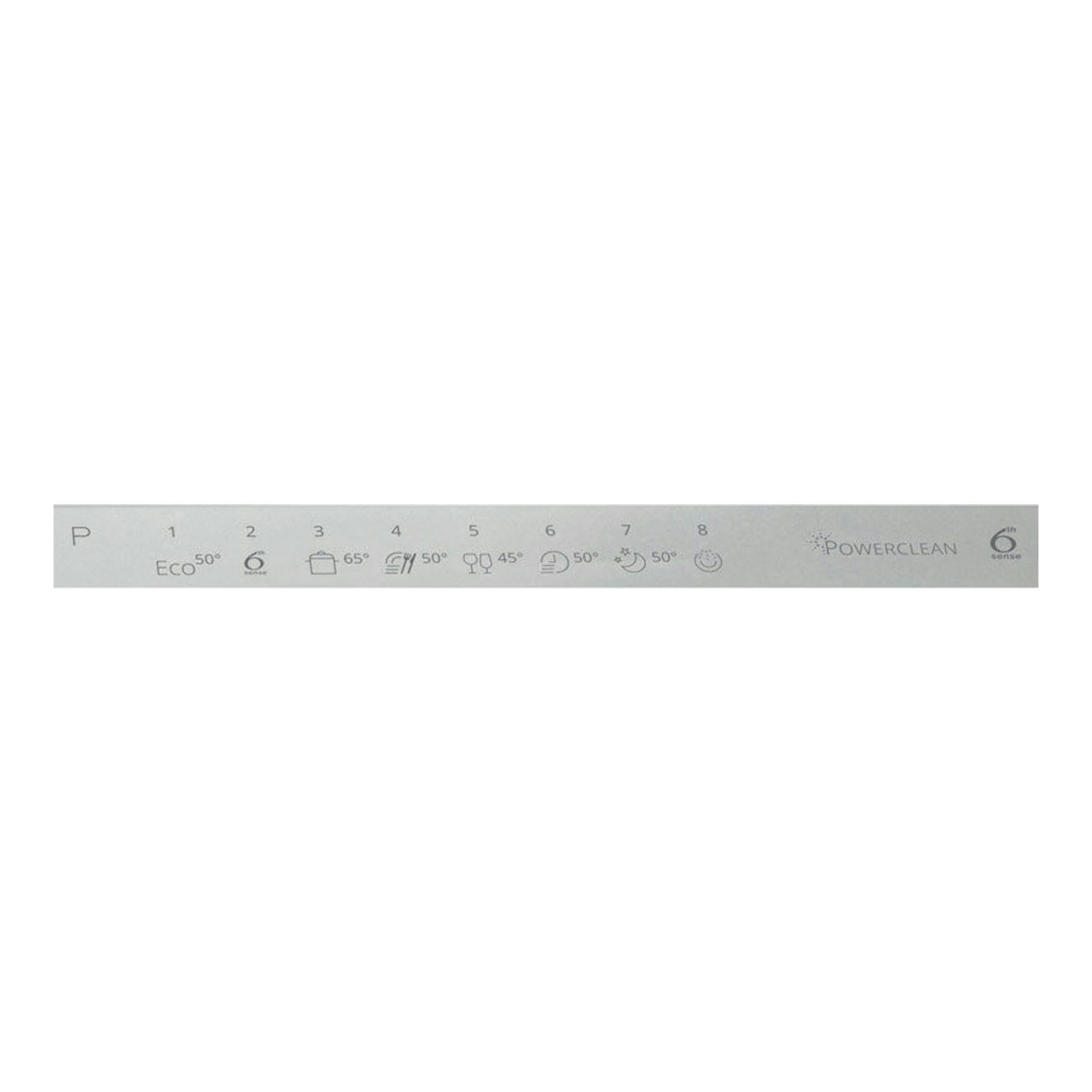 Panel de control de lavavajillas integrable Whirlpool WIC3C34PFES, con programas e iconos sobre franja plateada.