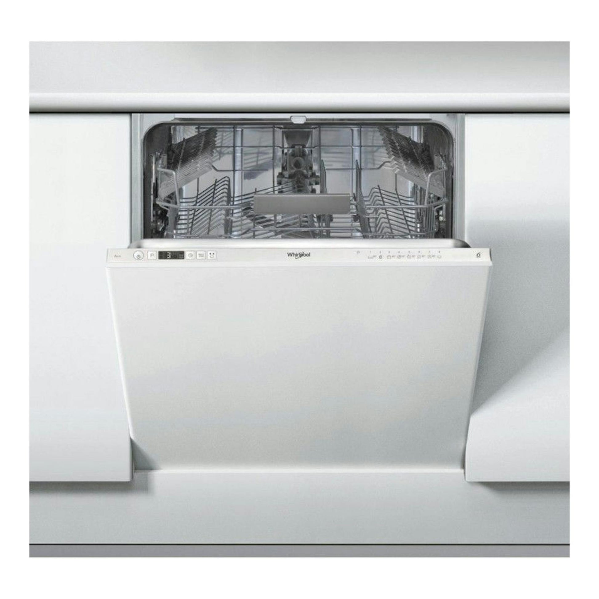 Lavavajillas integrable Whirlpool WRIC3C26 blanco, frontal y abierto, con cestas interiores visibles.