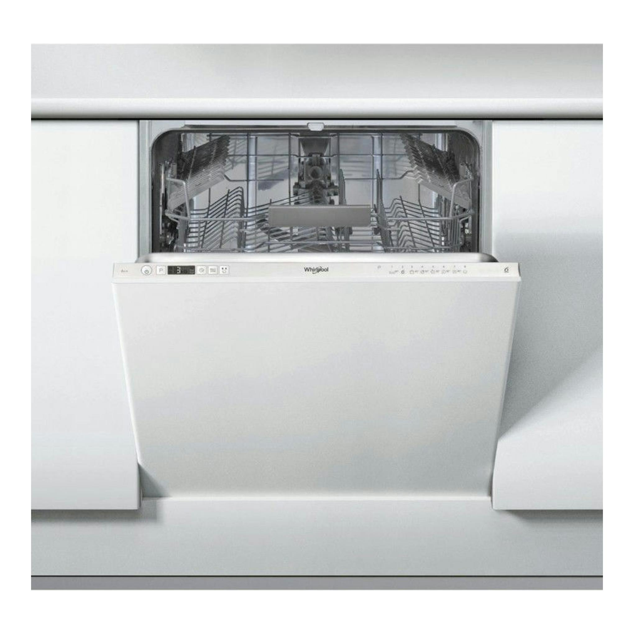 Lavavajillas integrable Whirlpool WRIC3C26 blanco, frontal y abierto, con cestas interiores visibles.
