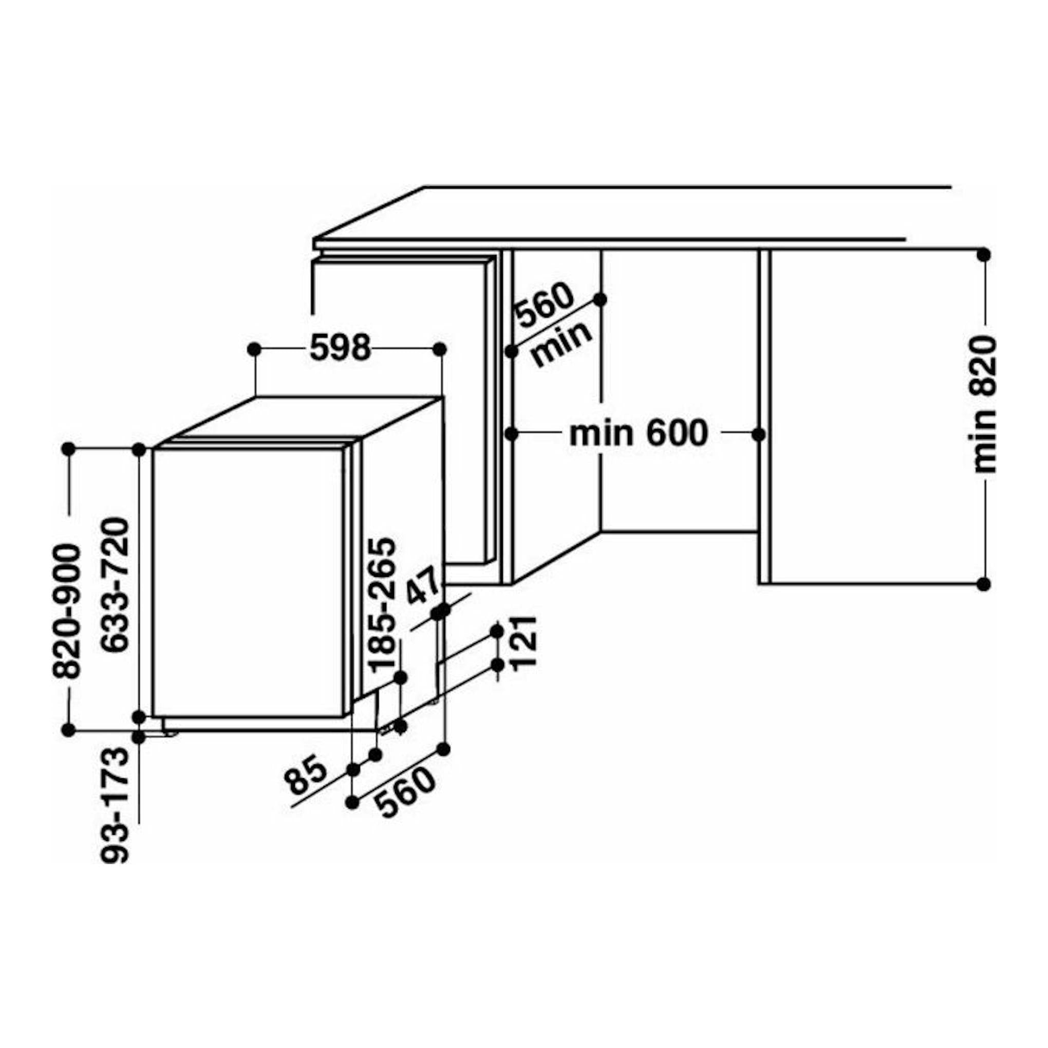Lavavajillas integrable Whirlpool WRIC3C26, dibujo técnico con medidas en vista frontal y lateral.