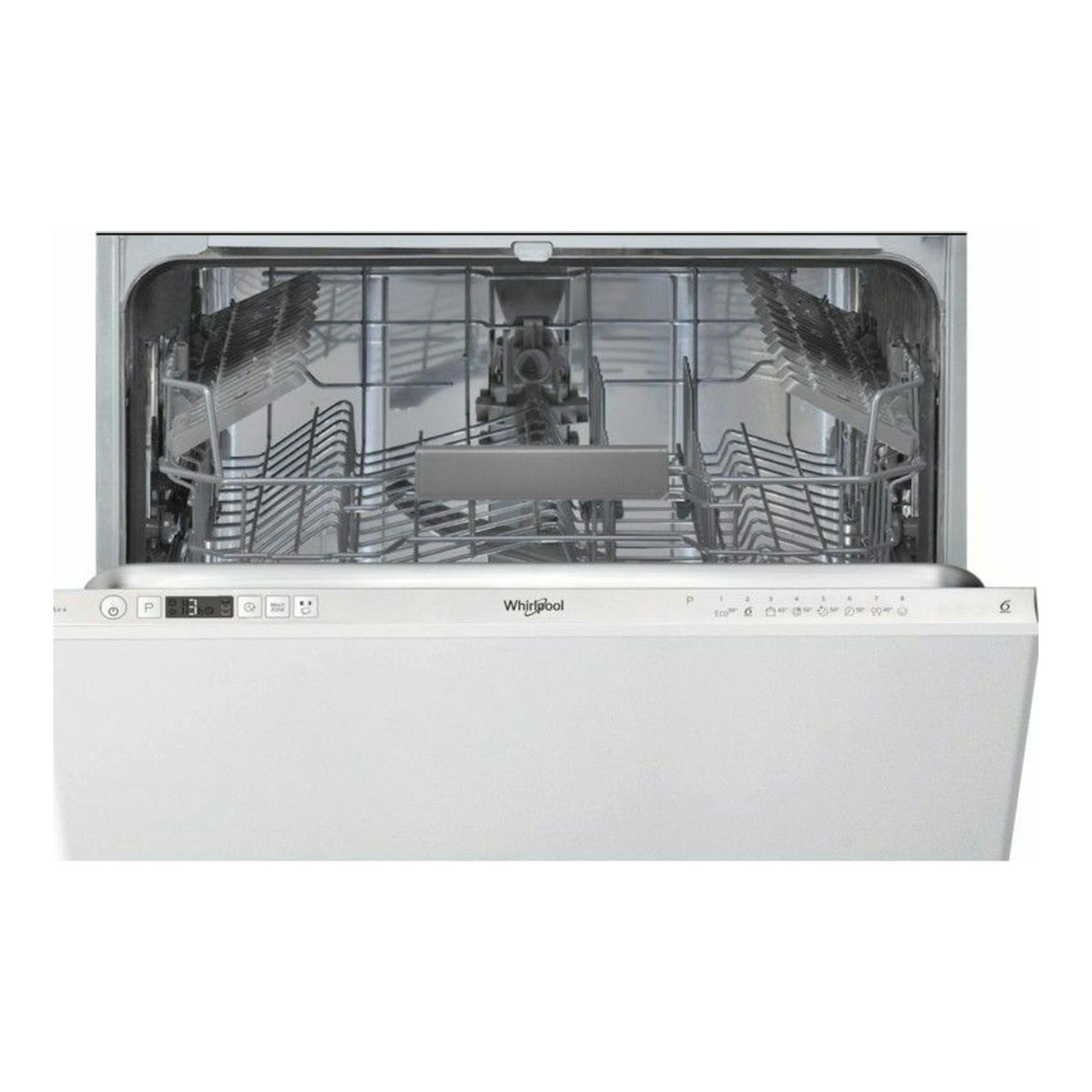 Lavavajillas integrable Whirlpool WRIC3C26, vista frontal abierta, frente blanco e interior metálico.