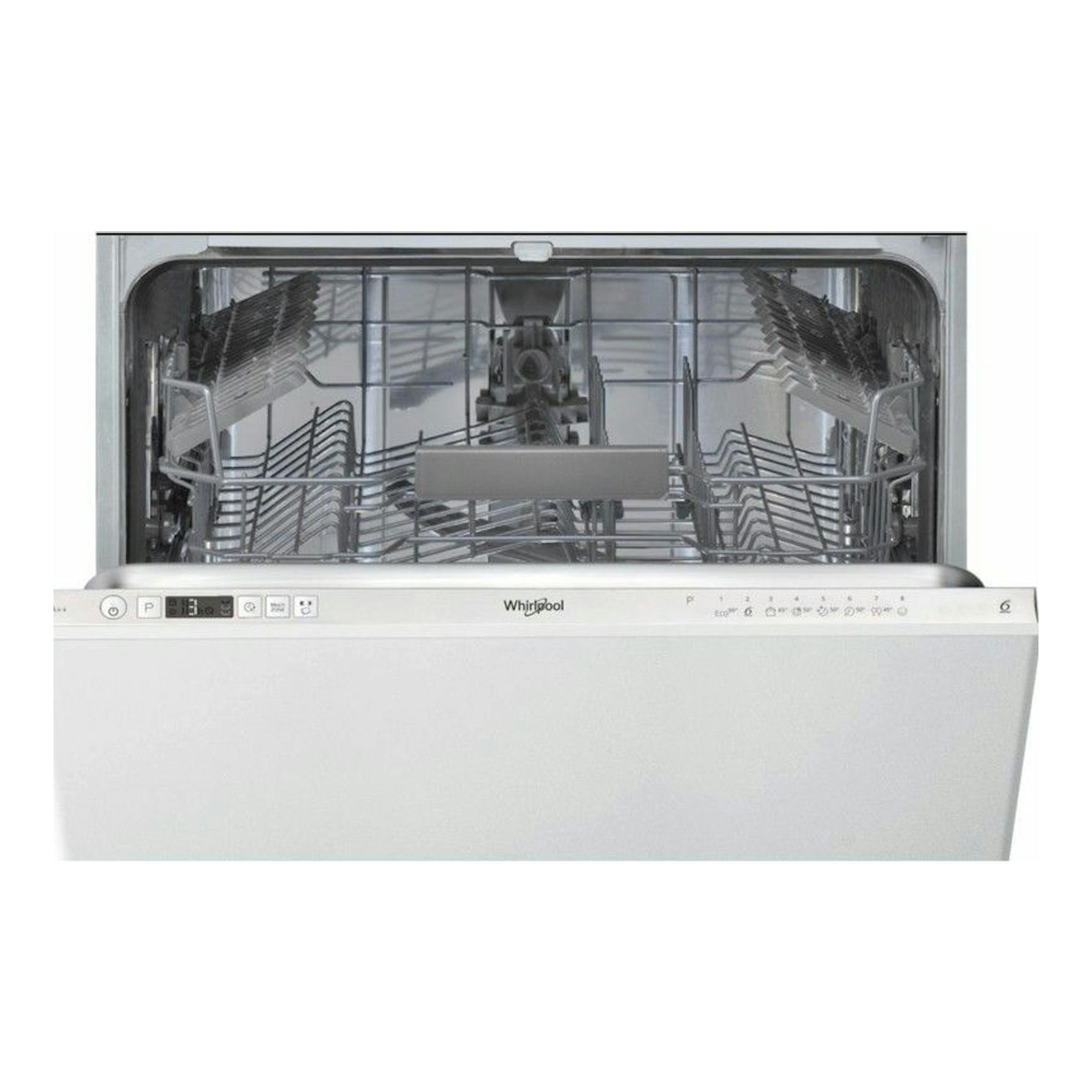 Lavavajillas integrable Whirlpool WRIC3C26, vista frontal abierta, frente blanco e interior metálico.