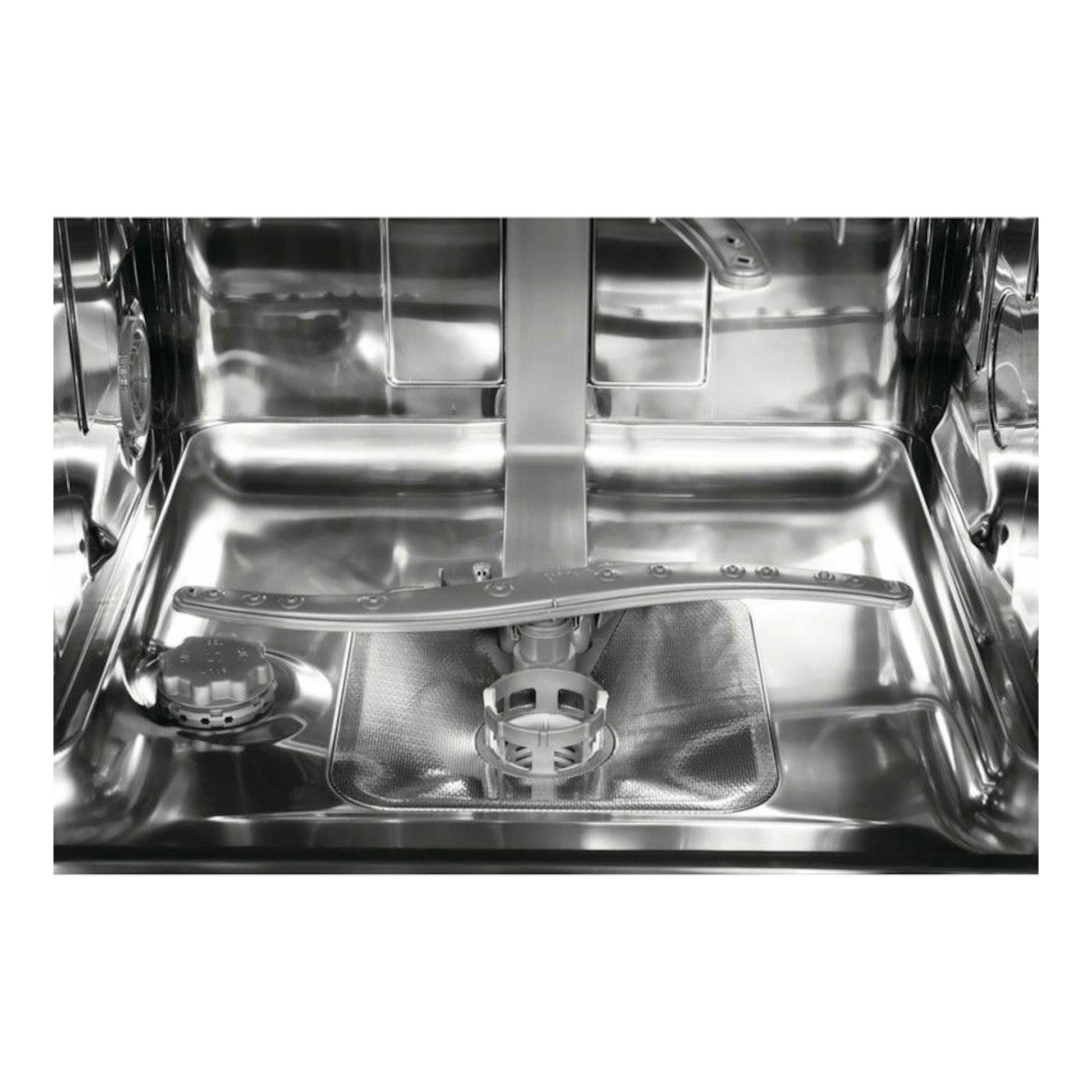 Interior de lavavajillas integrable Whirlpool WRIC3C26 de acero inoxidable, con brazo rociador inferior.