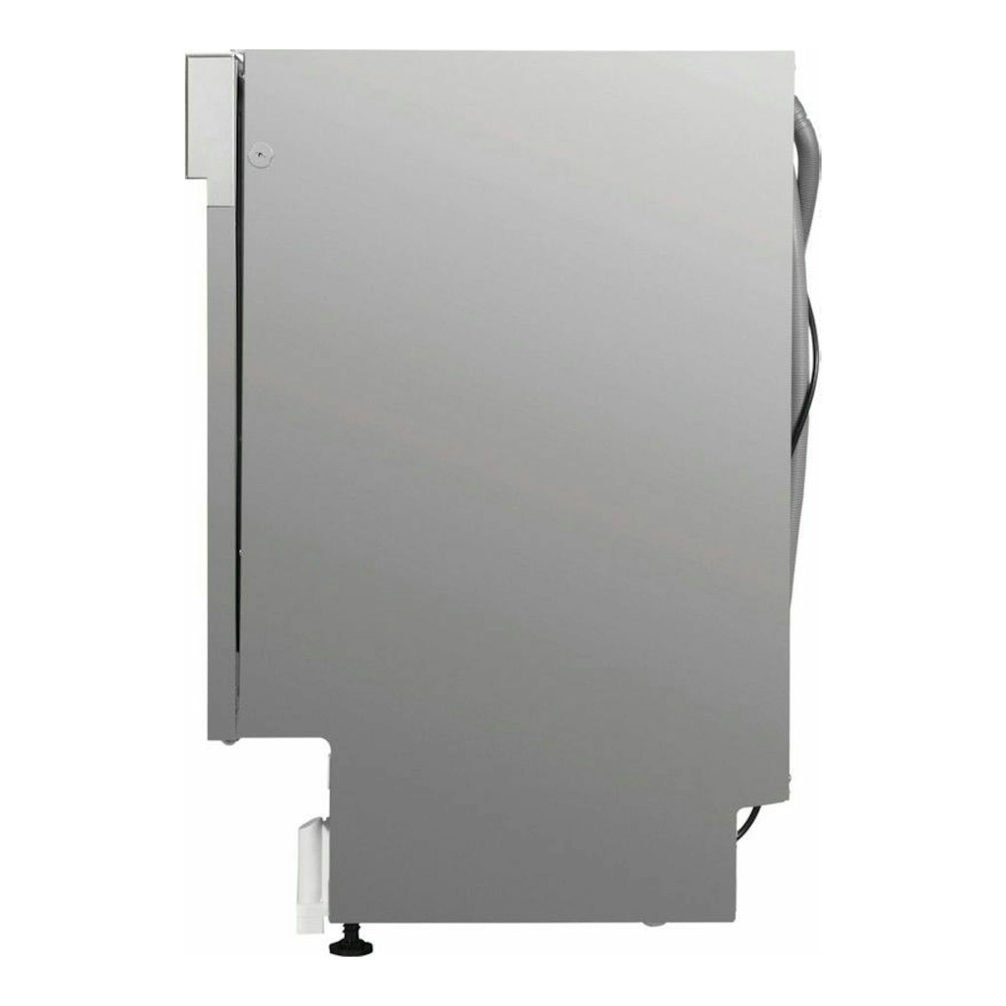 Lavavajillas integrable Whirlpool WRIC3C26, vista lateral, panel gris plata, con mangueras visibles.