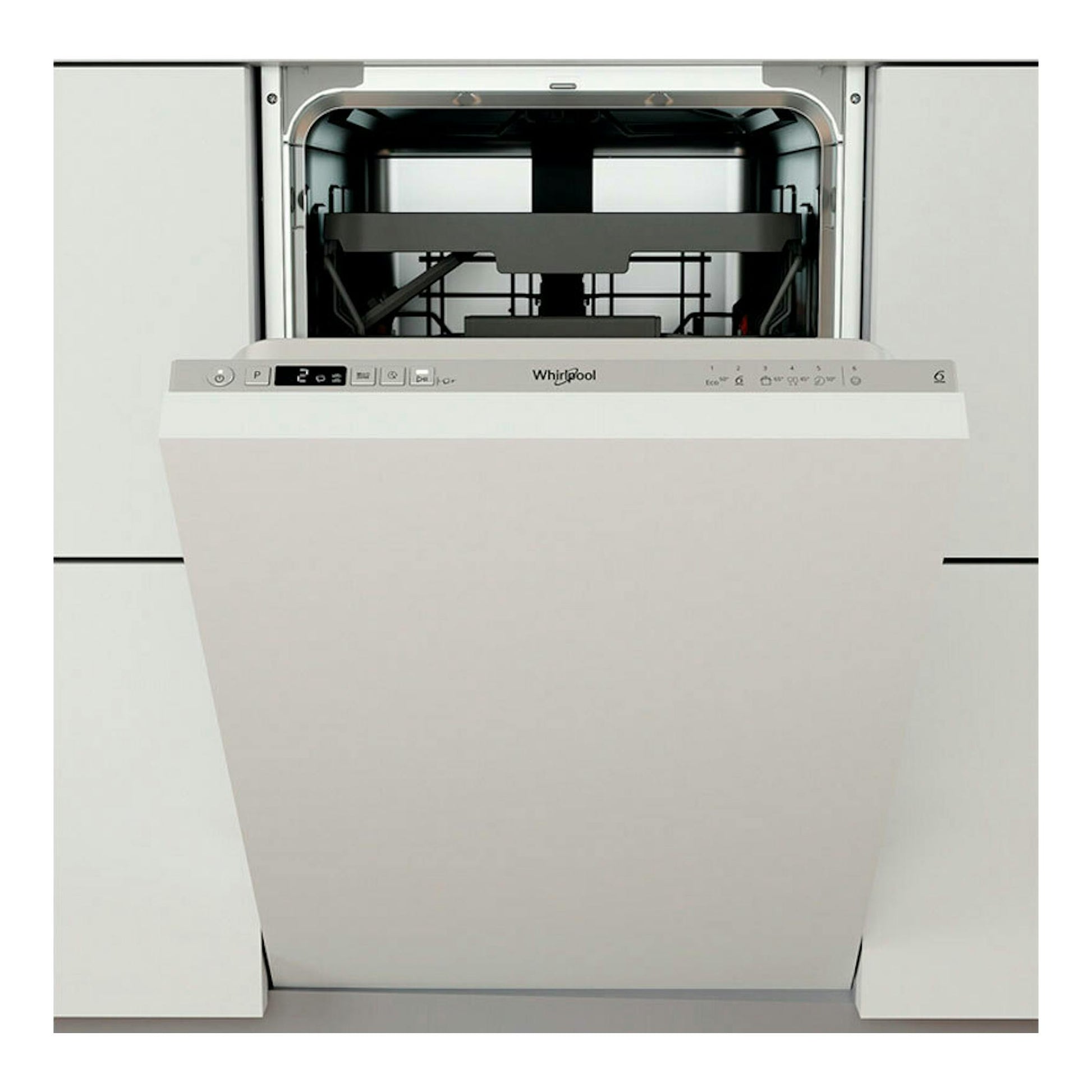 Lavavajillas integrable Whirlpool WSIC3M27C blanco, visto de frente con la puerta abierta.