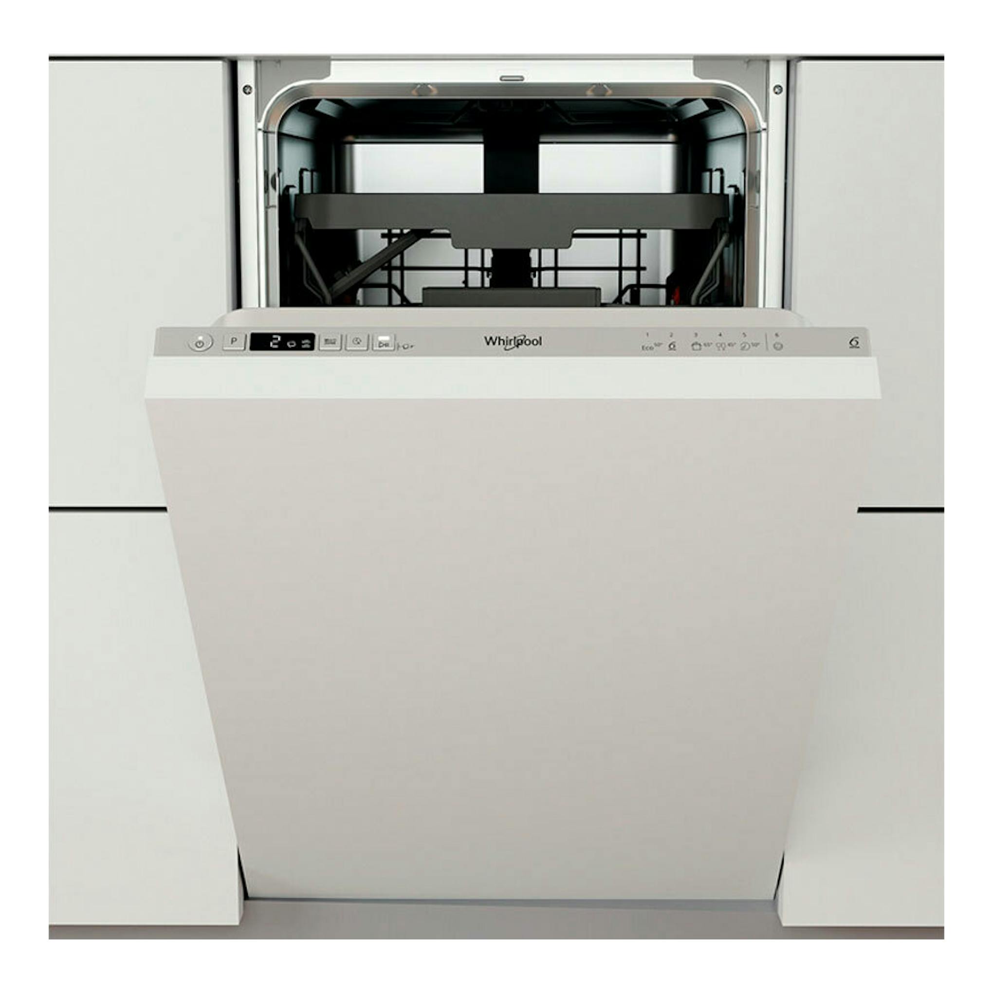 Lavavajillas integrable Whirlpool WSIC3M27C blanco, visto de frente con la puerta abierta.