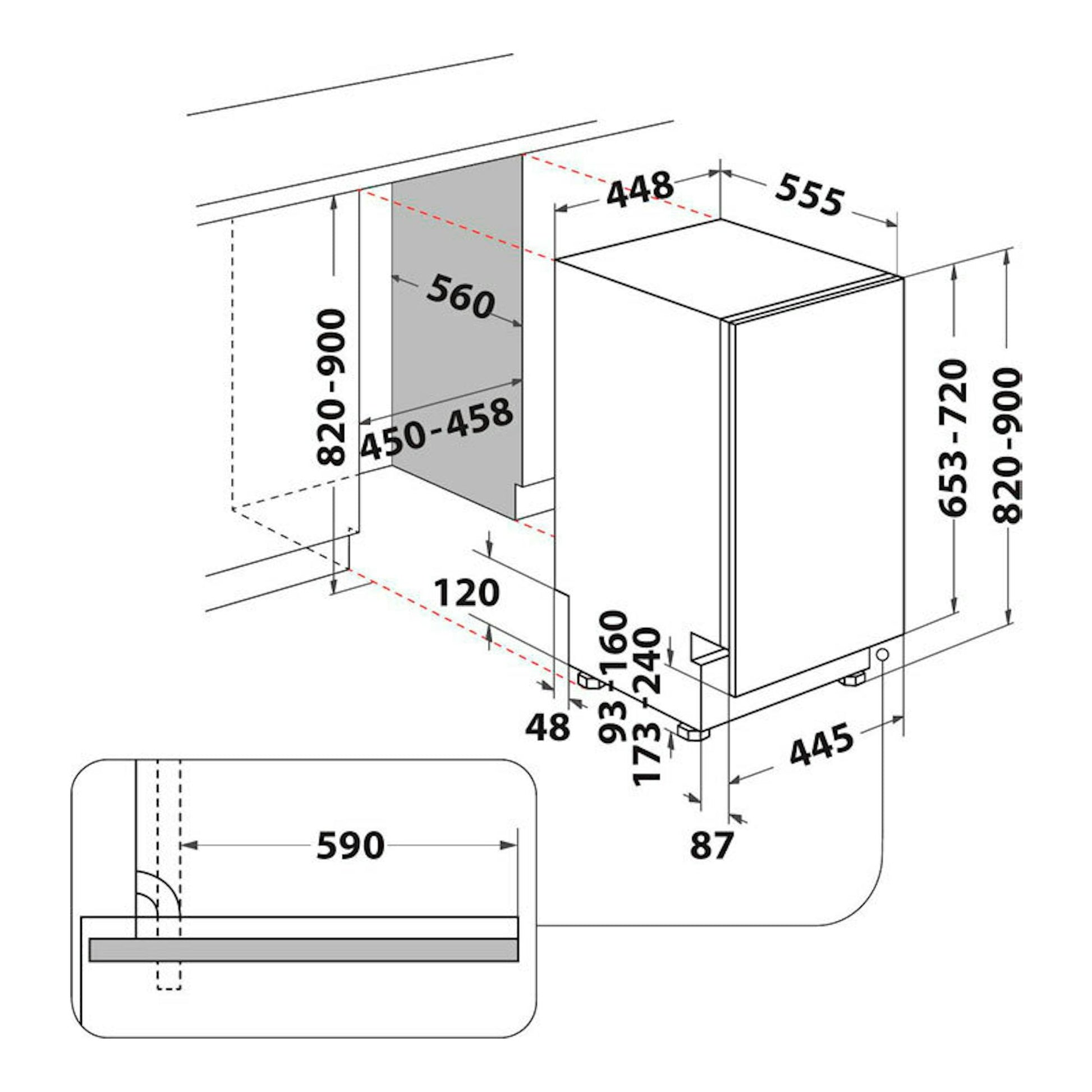Diagrama técnico en perspectiva de lavavajillas integrable Whirlpool WSIC3M27C blanco, con medidas.