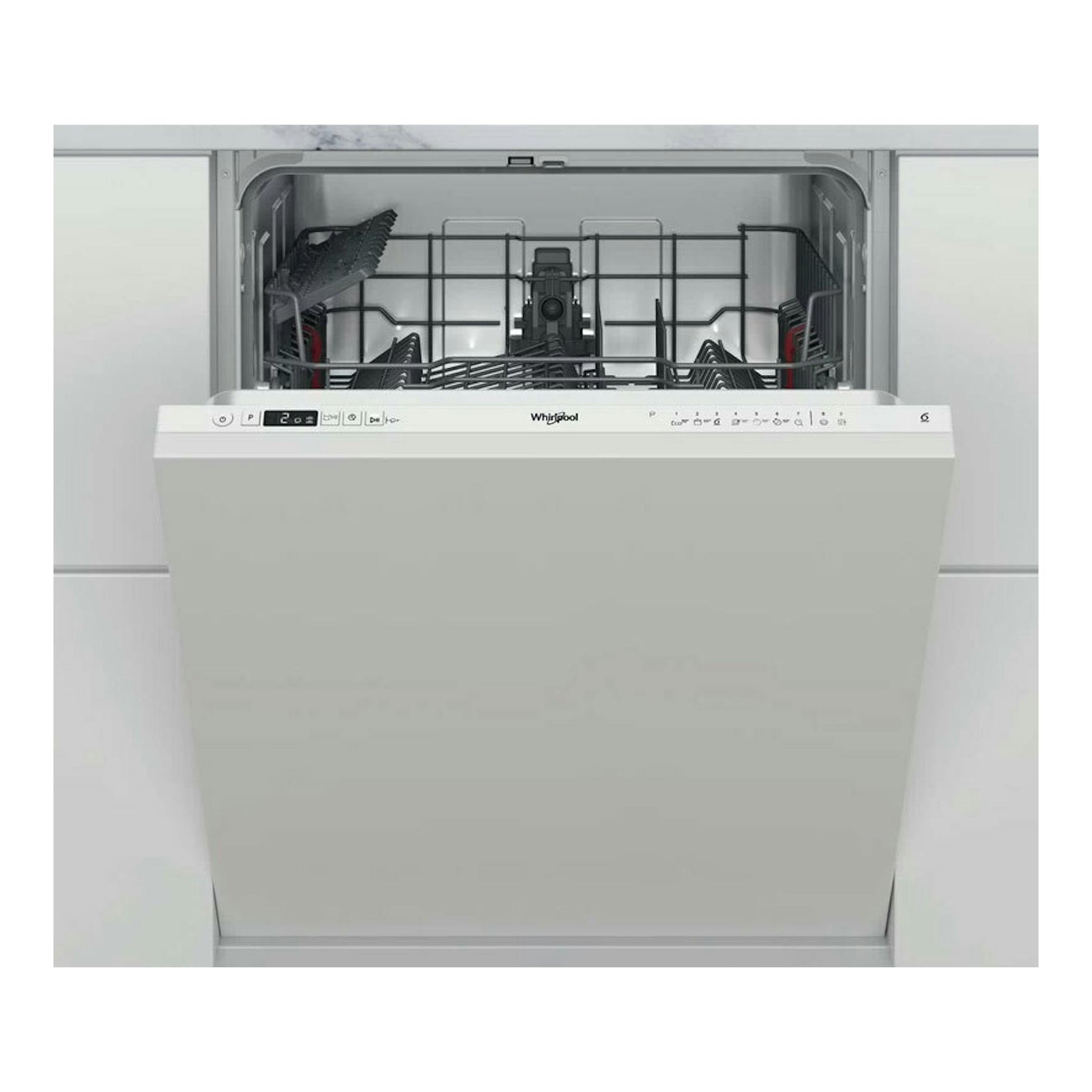 Lavavajillas integrable Whirlpool W2I HD526 A blanco, vista frontal con la puerta abierta.