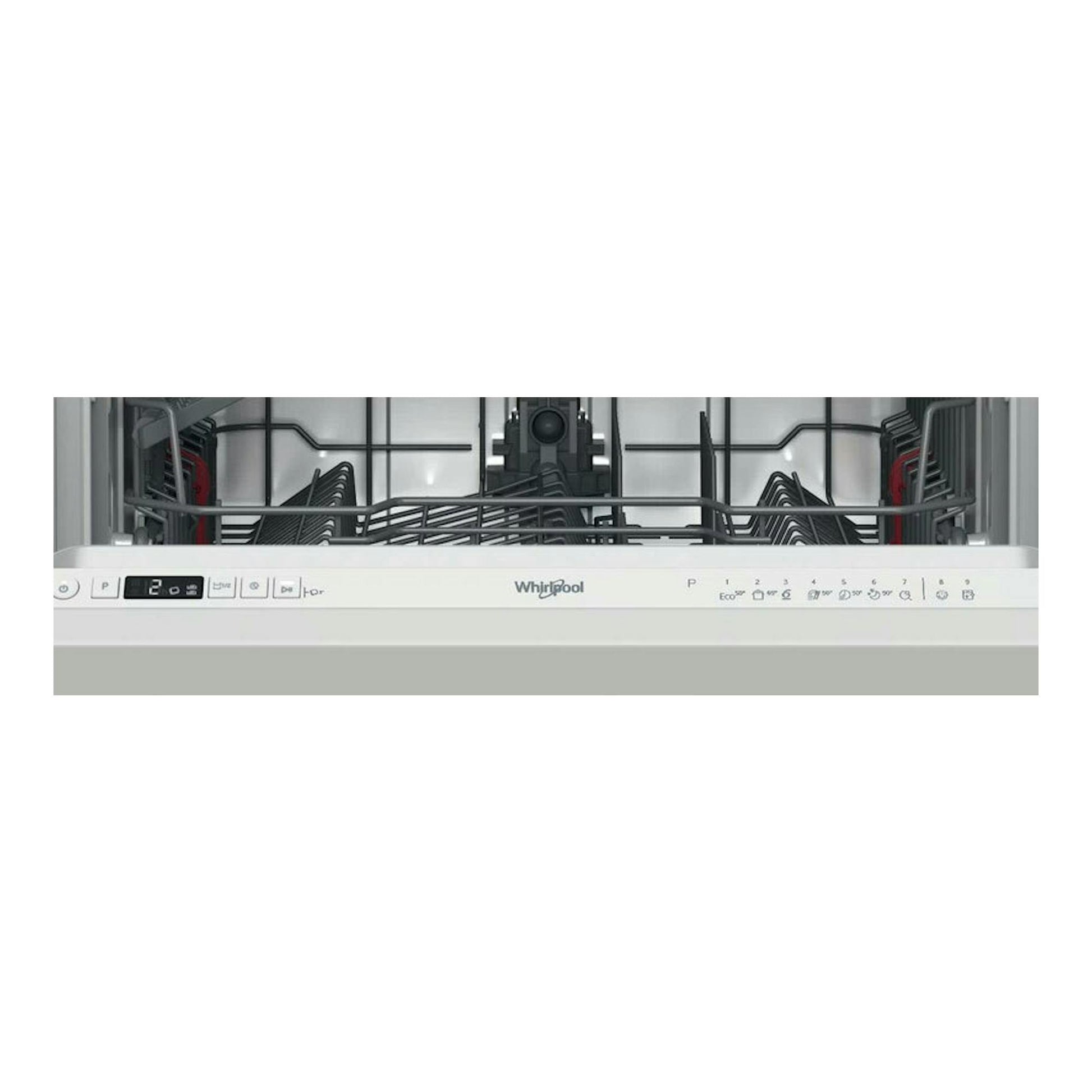 Lavavajillas integrable Whirlpool W2I HD526 A, vista frontal abierta del interior y panel de control blanco.