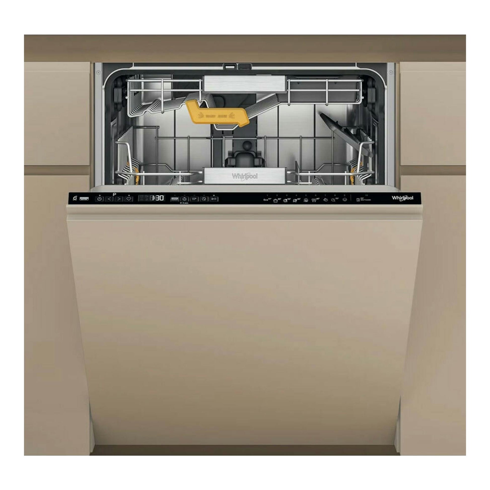 Lavavajillas integrable Whirlpool W8I HP42 LSC abierto, con cestas metálicas y panel negro.