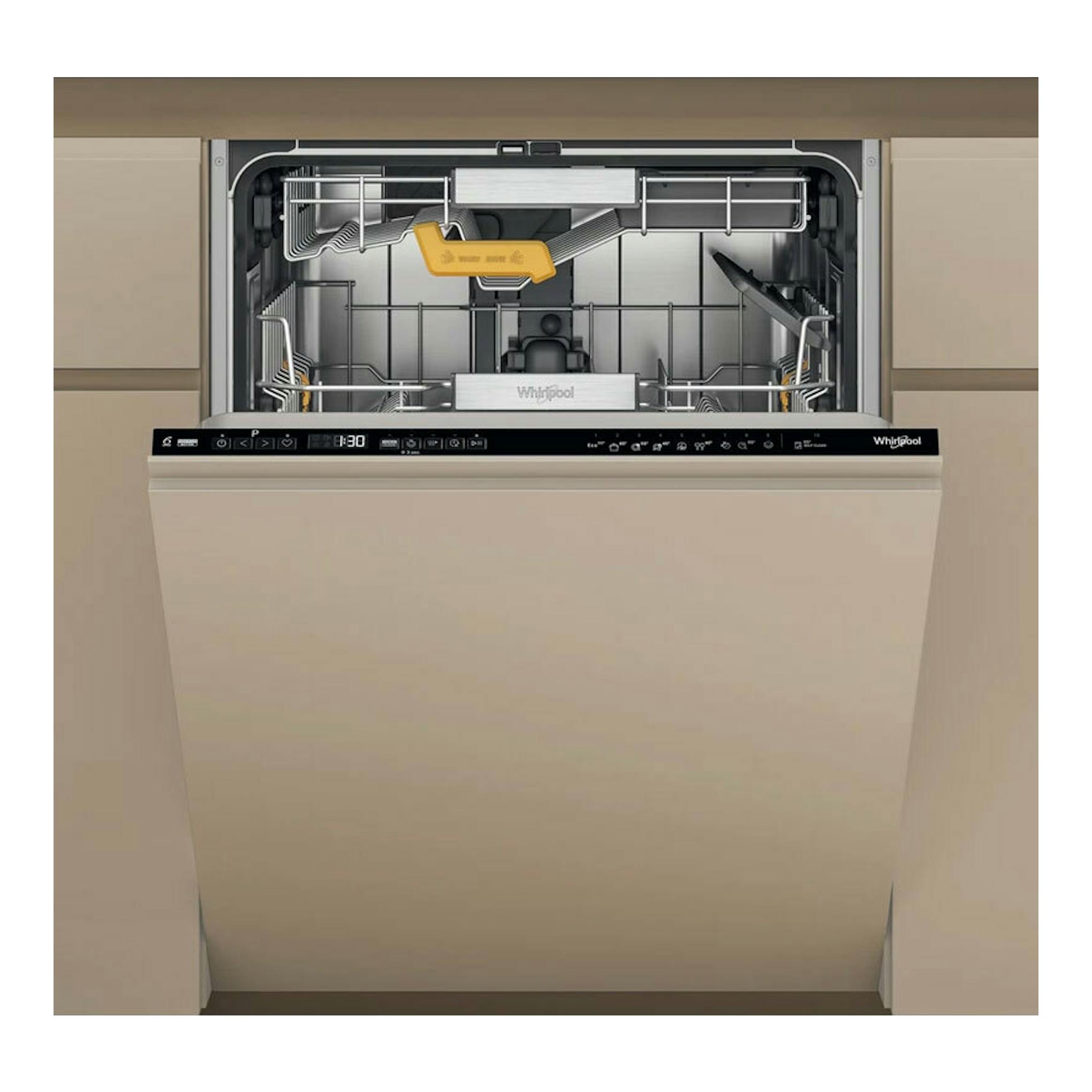 Lavavajillas integrable Whirlpool W8I HP42 LSC abierto, con cestas metálicas y panel negro.