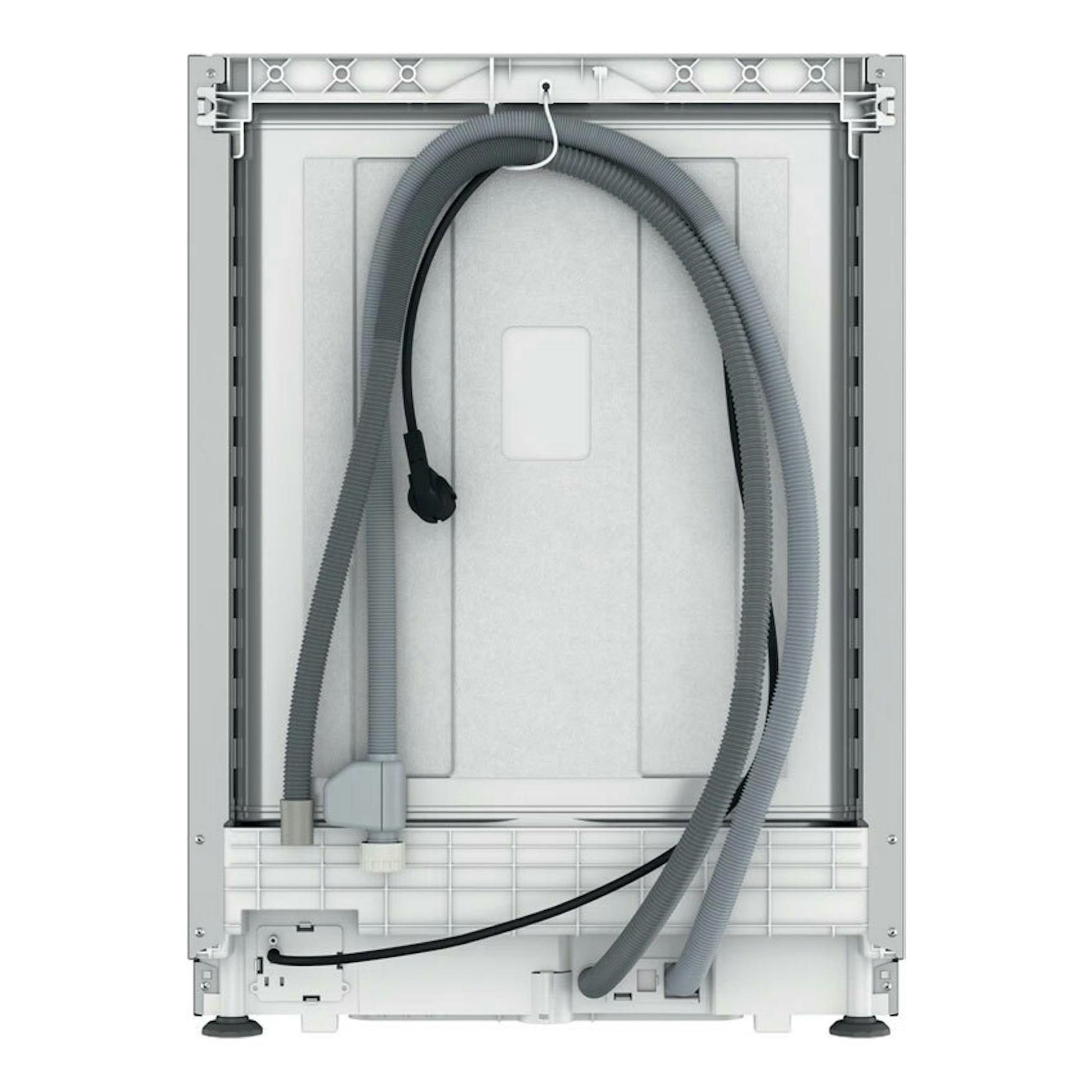Vista trasera de lavavajillas integrable Whirlpool W8I HP42 LSC, blanco, con mangueras y cable visibles.