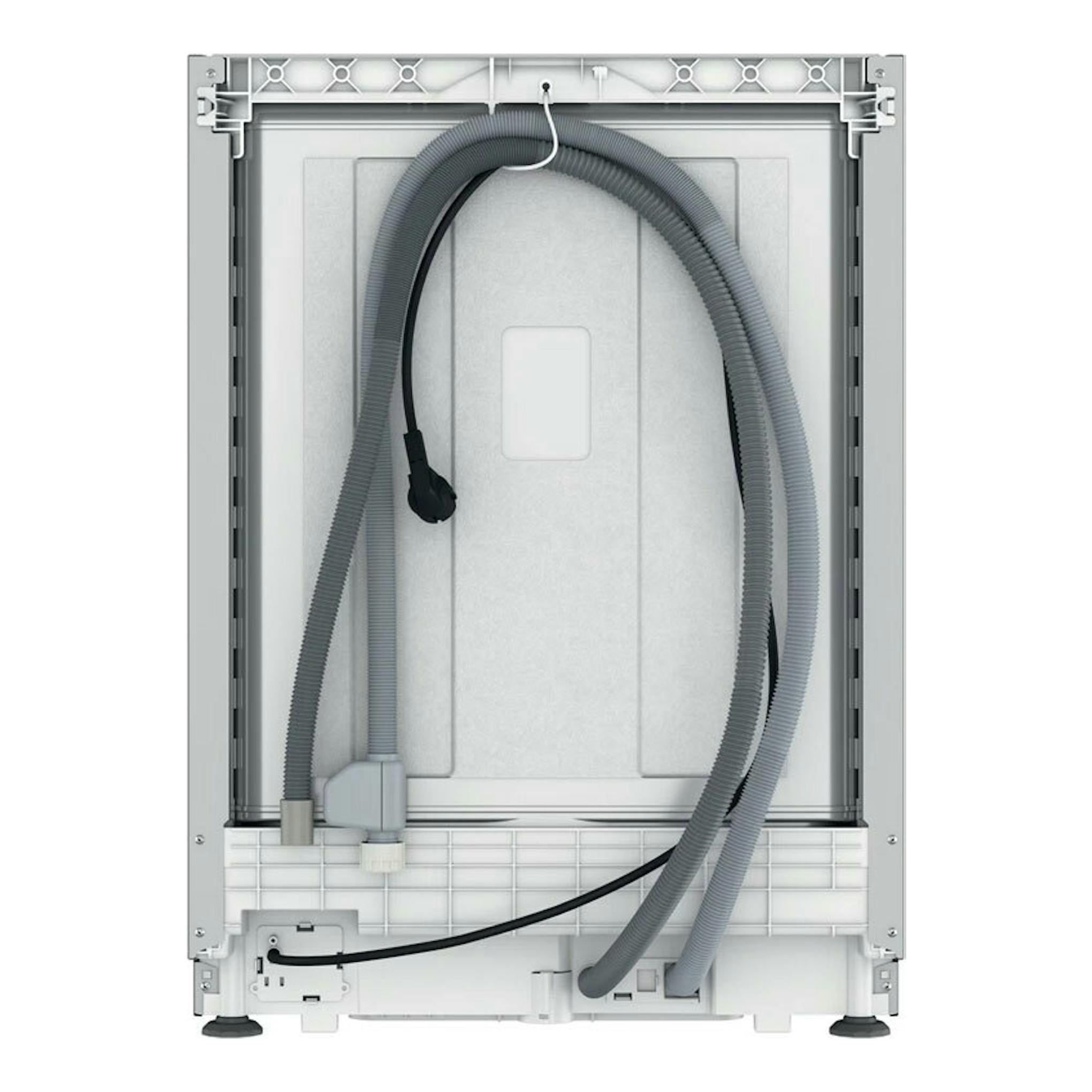 Vista trasera de lavavajillas integrable Whirlpool W8I HP42 LSC, blanco, con mangueras y cable visibles.