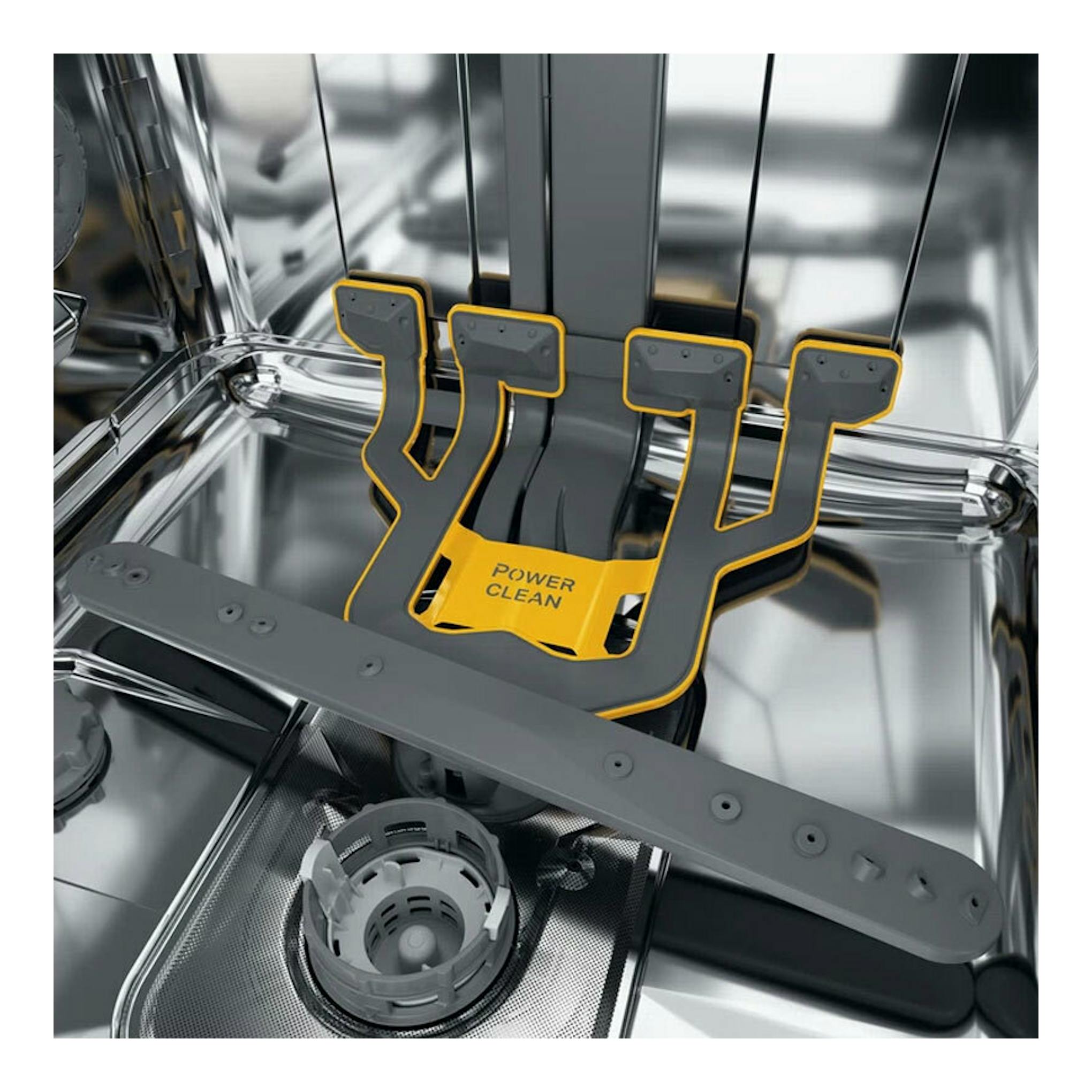 Interior de lavavajillas integrable Whirlpool W8I HP42 LSC, con brazo PowerClean gris y amarillo.