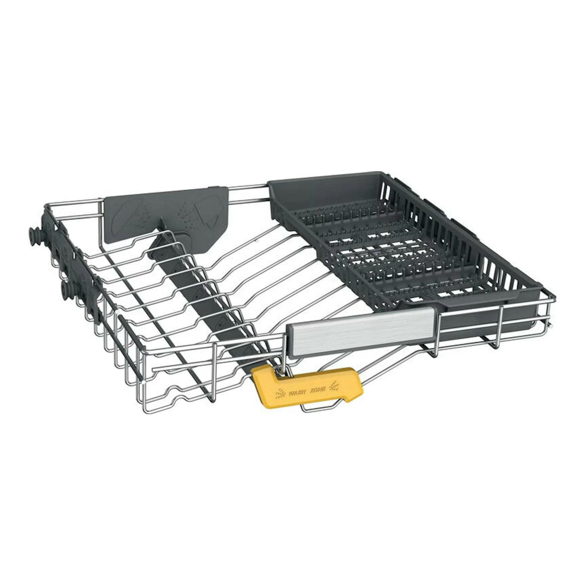 Lavavajillas integrable Whirlpool W8I HP42 LSC: cesta interior gris con separadores, vista en ángulo.