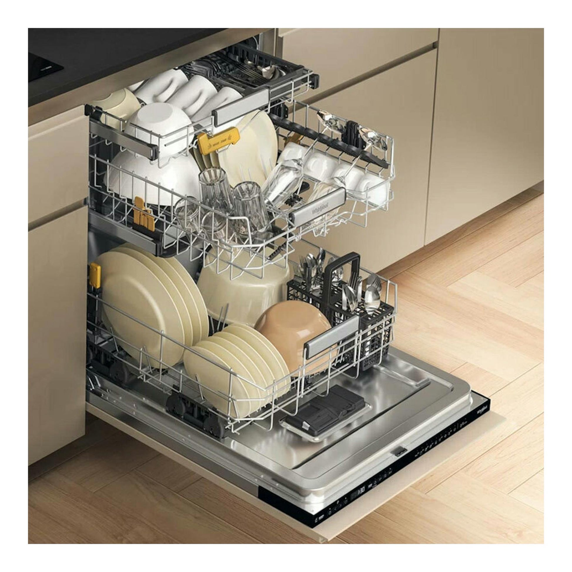 Lavavajillas integrable Whirlpool W8I HP42 LSC abierto, con cestas extraíbles y vajilla, vista frontal.