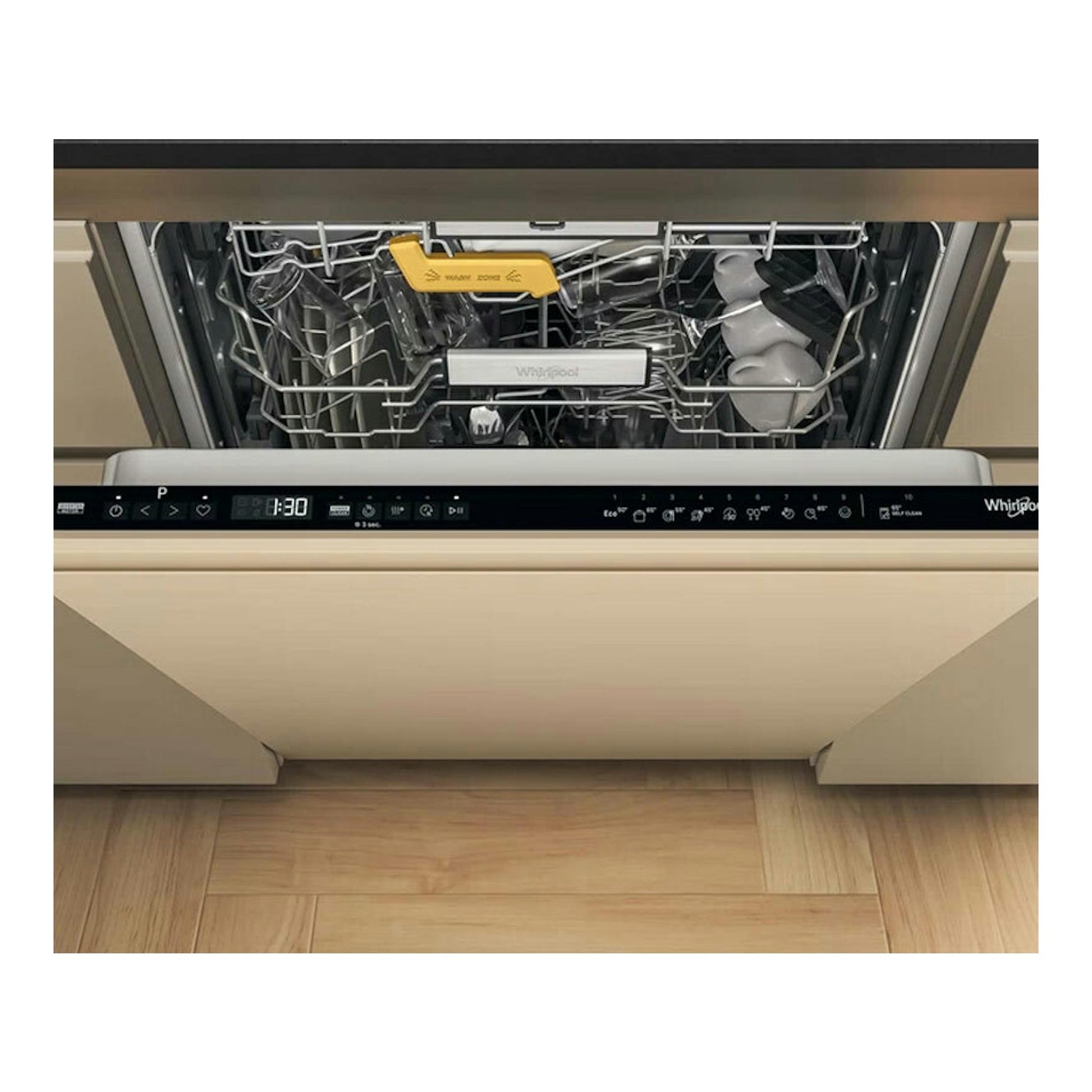 Lavavajillas integrable Whirlpool W8I HP42 LSC beige, con puerta abierta y cestas visibles, vista frontal.