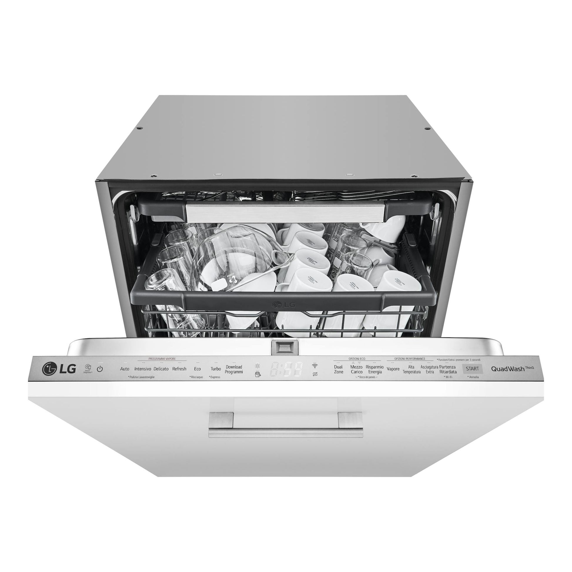 Lavavajillas integrable LG DB325TXS en acero inoxidable, vista frontal con puerta abierta y cesta con vasos.