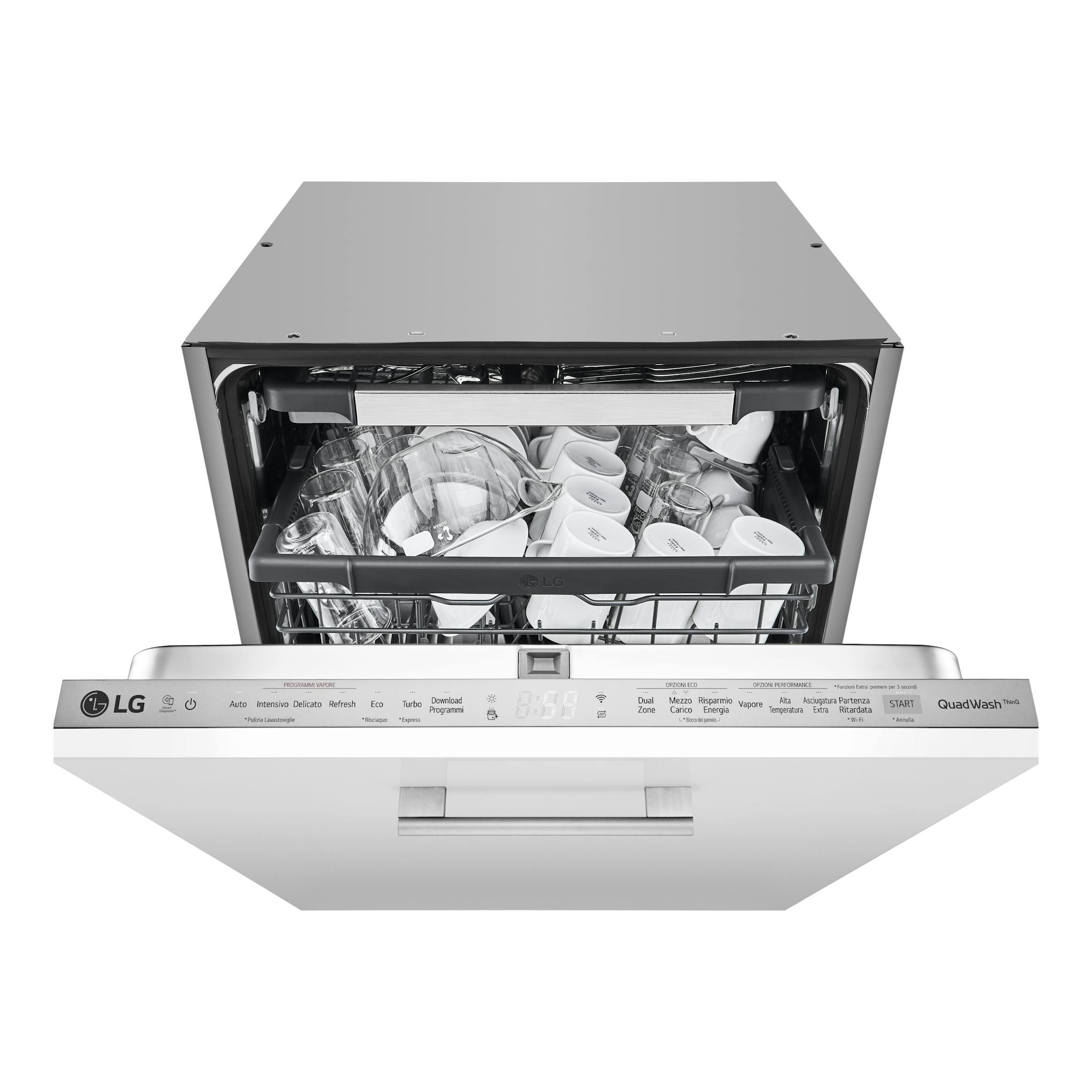 Lavavajillas integrable LG DB325TXS en acero inoxidable, vista frontal con puerta abierta y cesta con vasos.